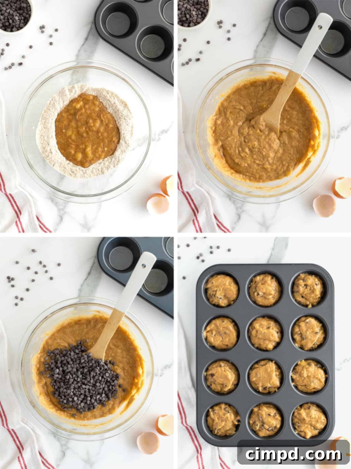 A visual step-by-step guide showing the muffin batter being scooped into a prepared muffin pan, illustrating the perfect fill level for Whole Wheat Peanut Butter Banana Chocolate Chip Muffins.