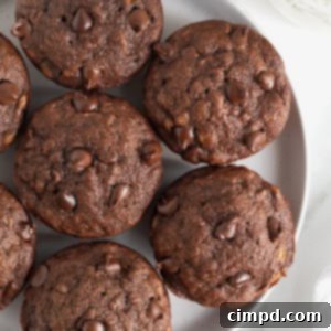 Chocolate Banana Dream Muffins 10 A white serving plate with seven chocolate banana muffins garnished with chocolate chips, presented as the recipe card image.