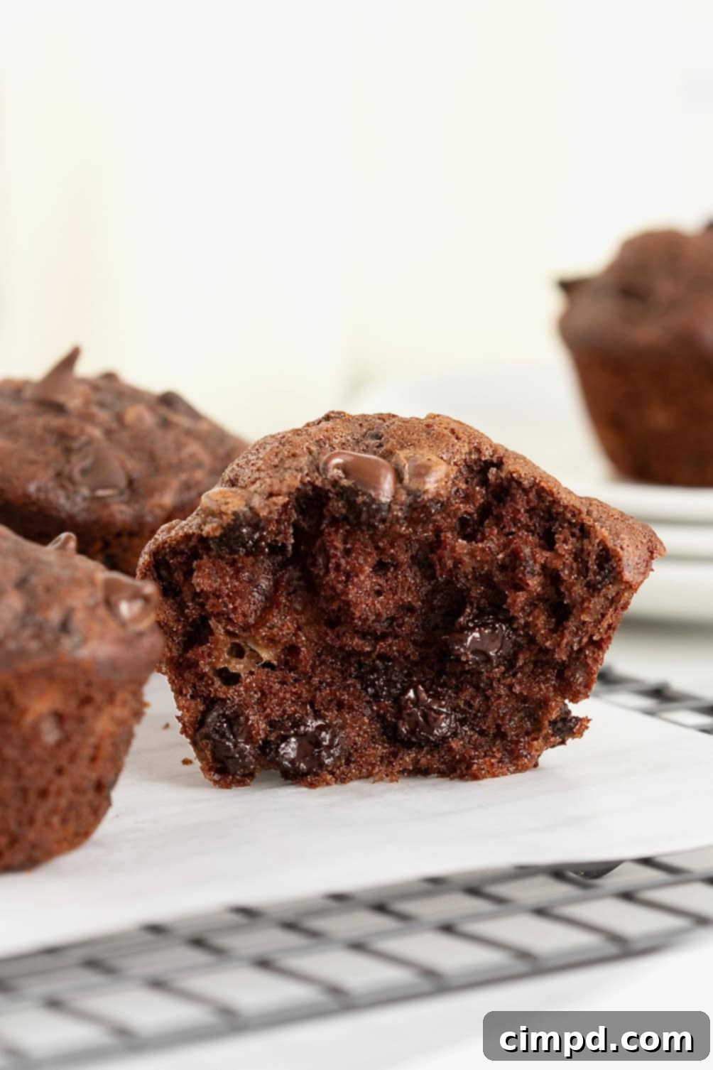 Chocolate Banana Dream Muffins 3 A perfectly baked double chocolate banana muffin, cut in half to reveal its moist interior and melted chocolate chips, resting on a parchment-lined cooling rack.