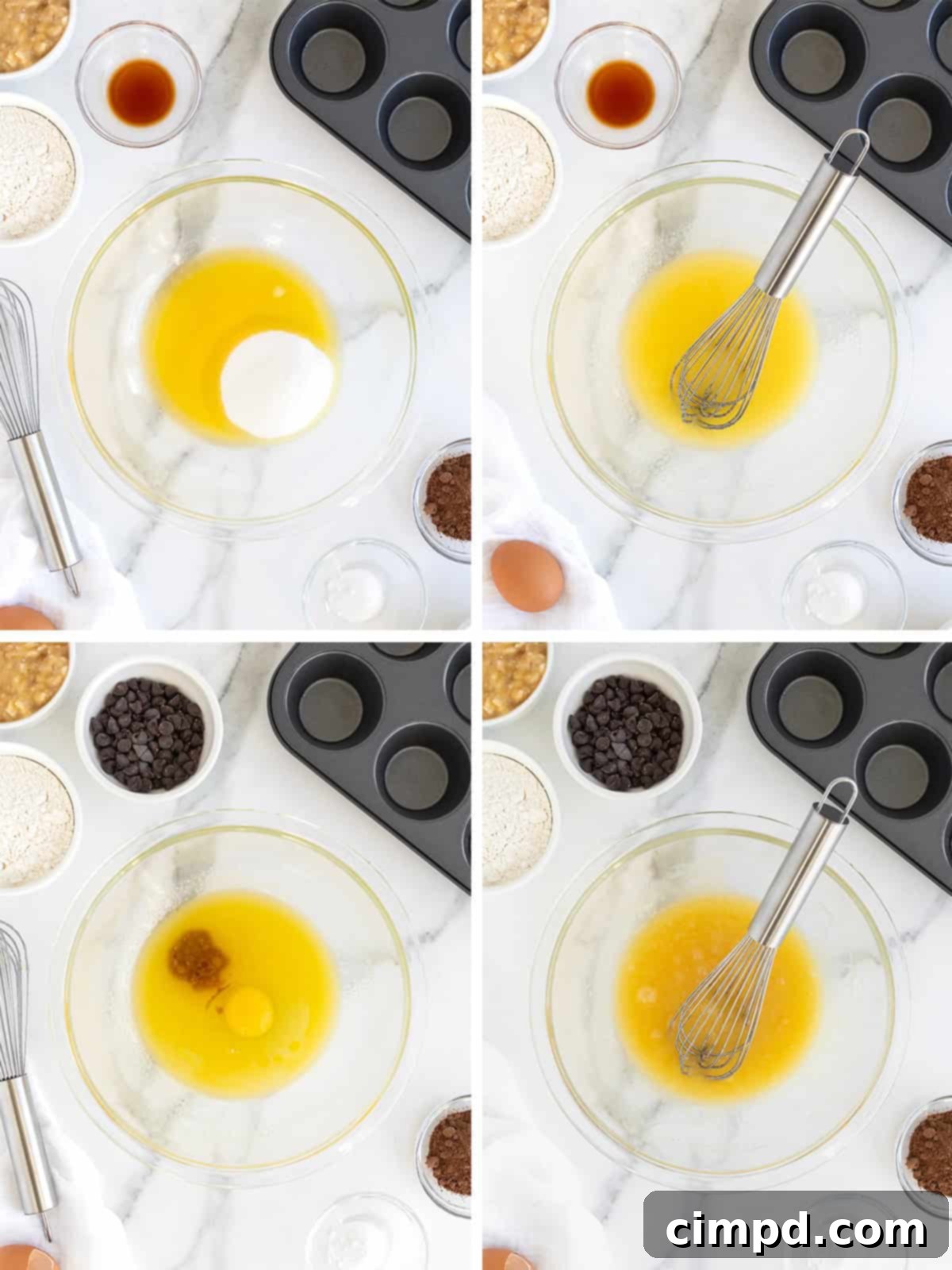 Chocolate Banana Dream Muffins 6 A sequence of images demonstrating the initial steps to make Double Chocolate Banana Muffin batter, including whisking wet ingredients and adding dry components.