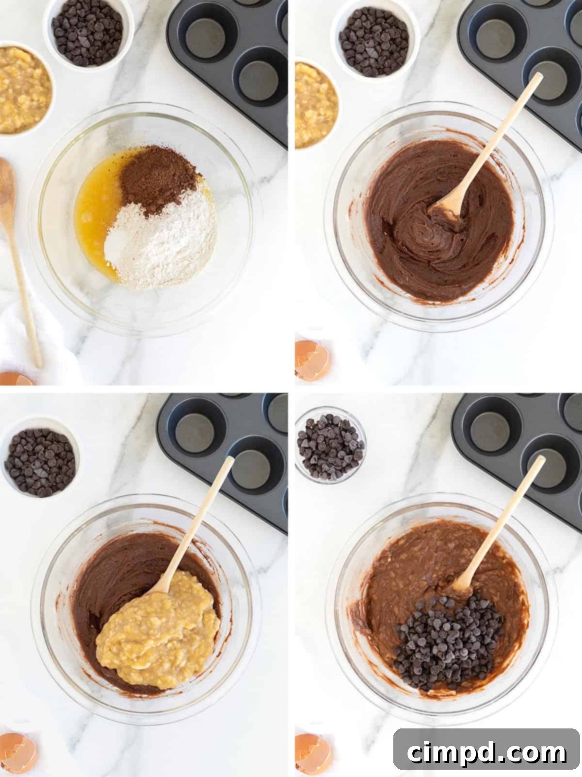 Chocolate Banana Dream Muffins 7 A visual guide showing the steps for combining mashed bananas and chocolate chips into the muffin batter, ensuring a perfectly mixed double chocolate banana muffin mixture.