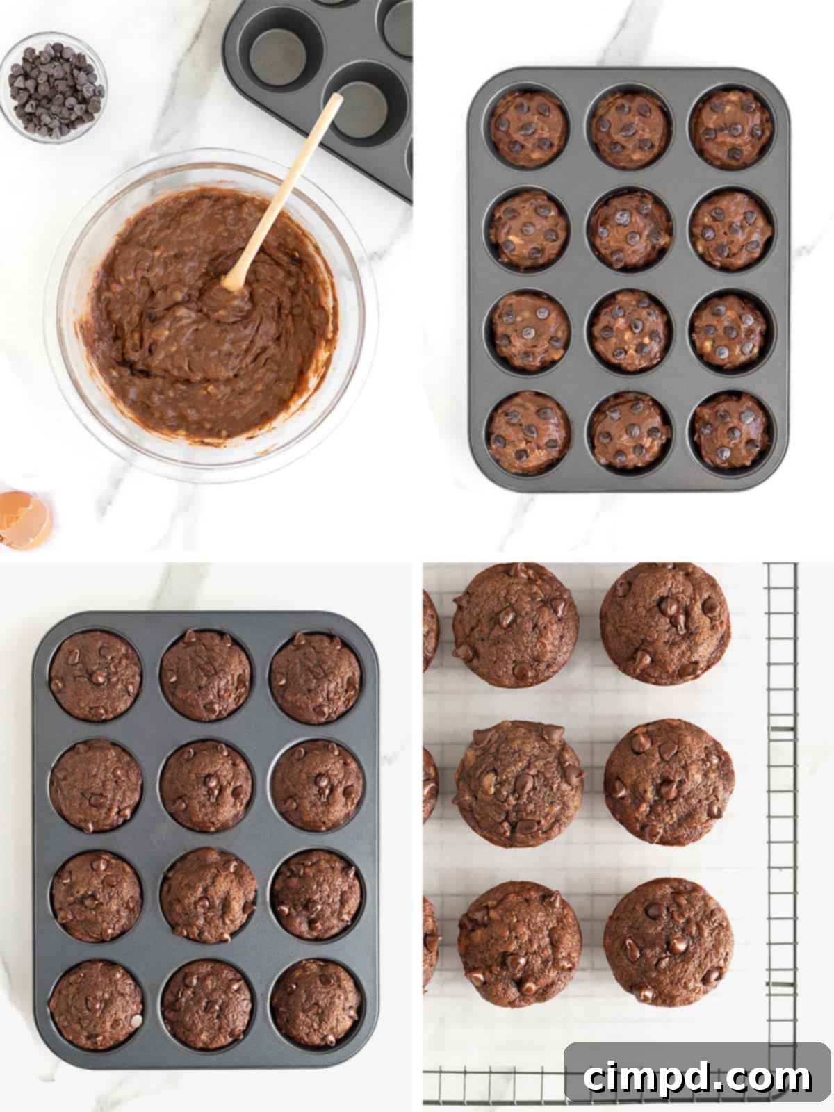 Chocolate Banana Dream Muffins 8 A visual representation of the final baking steps for double chocolate banana muffins, including filling muffin cups and a close-up of the perfectly baked muffins cooling on a rack.