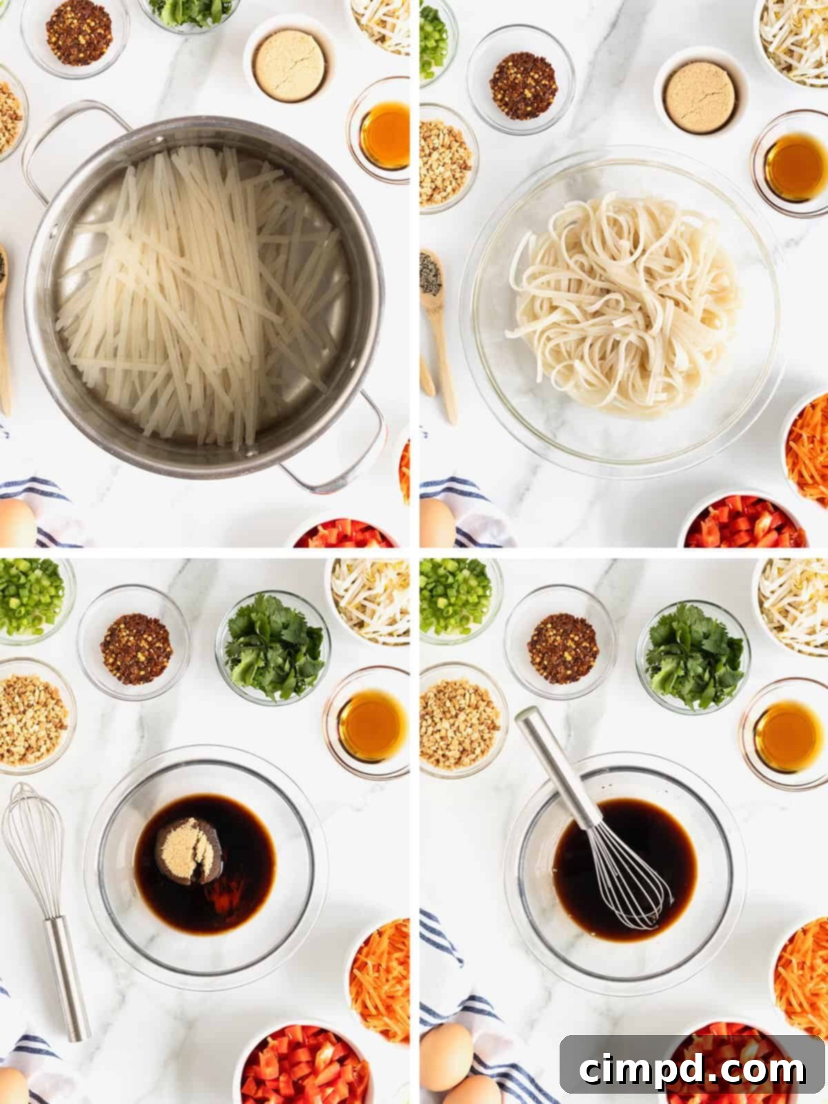 A visual guide showing the initial steps to make Easy Chicken Pad Thai, including soaking noodles and preparing the sauce, depicted in a clear, instructional format.