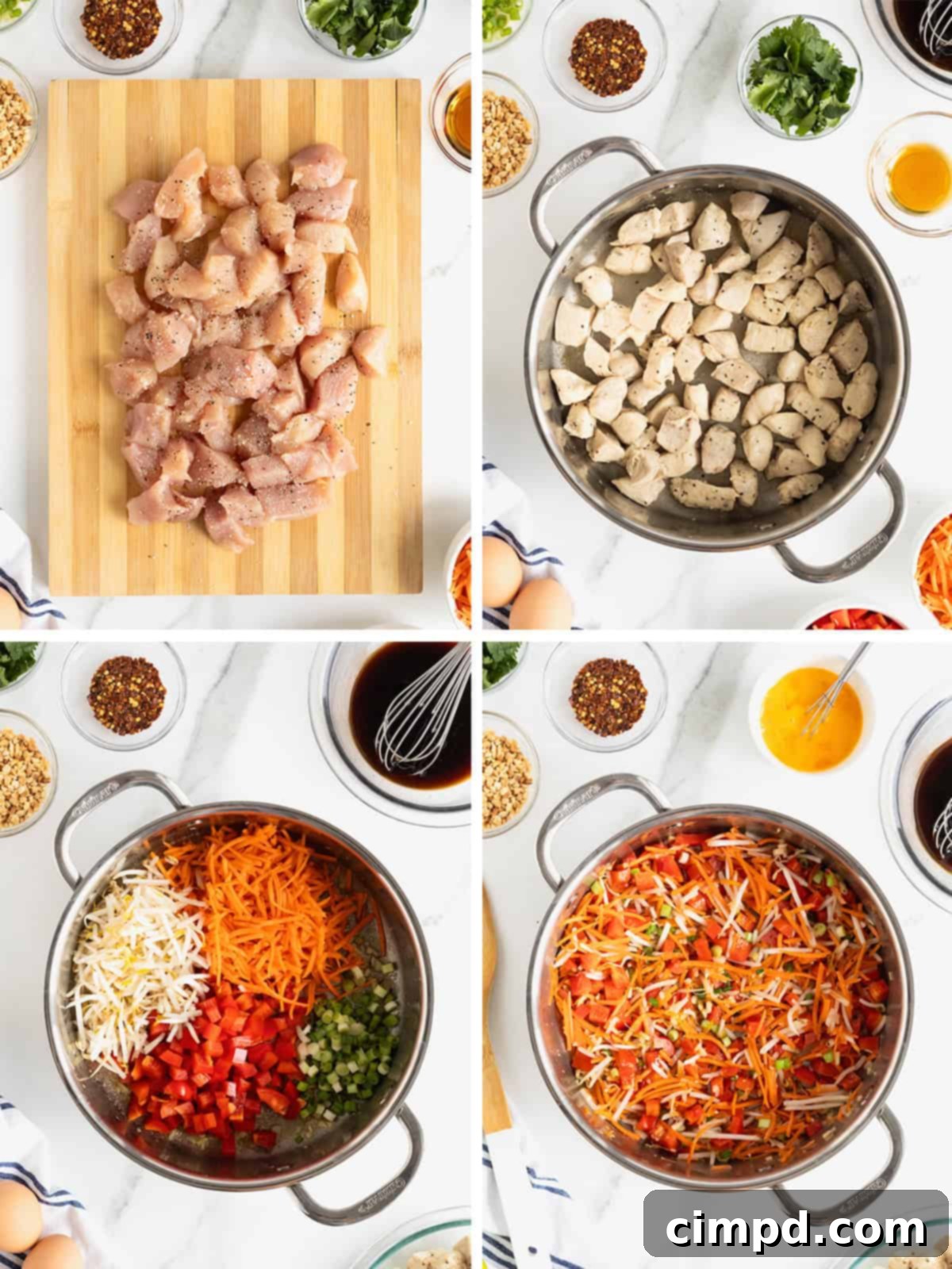 A visual guide illustrating the intermediate steps for preparing Easy Chicken Pad Thai, focusing on cooking the chicken and stir-frying the vegetables in a wok.