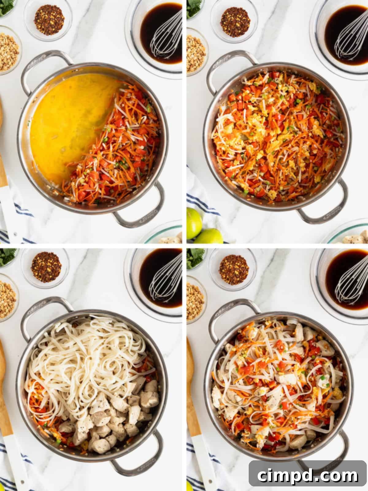 A visual guide detailing the final stages of making Easy Chicken Pad Thai, showing the noodles, chicken, and vegetables being combined with the sauce in a skillet.