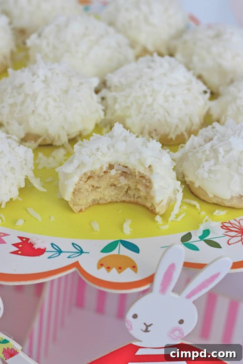 Fluffy White Chocolate Coconut Bunny Tails 3 Bunny Tail Cookies ready for dipping - close-up view