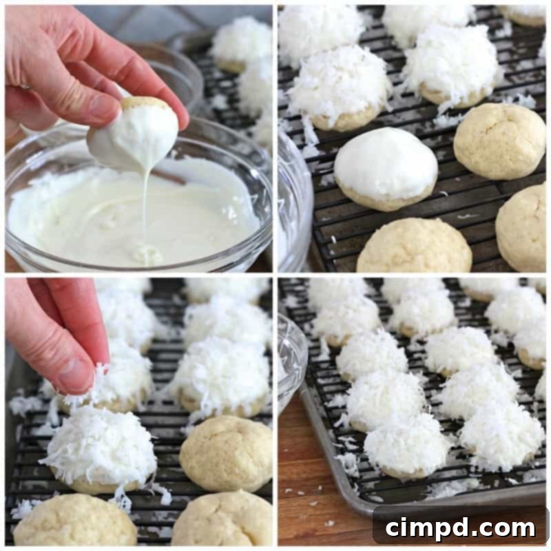 Fluffy White Chocolate Coconut Bunny Tails 5 Dipping a cookie in melted white chocolate