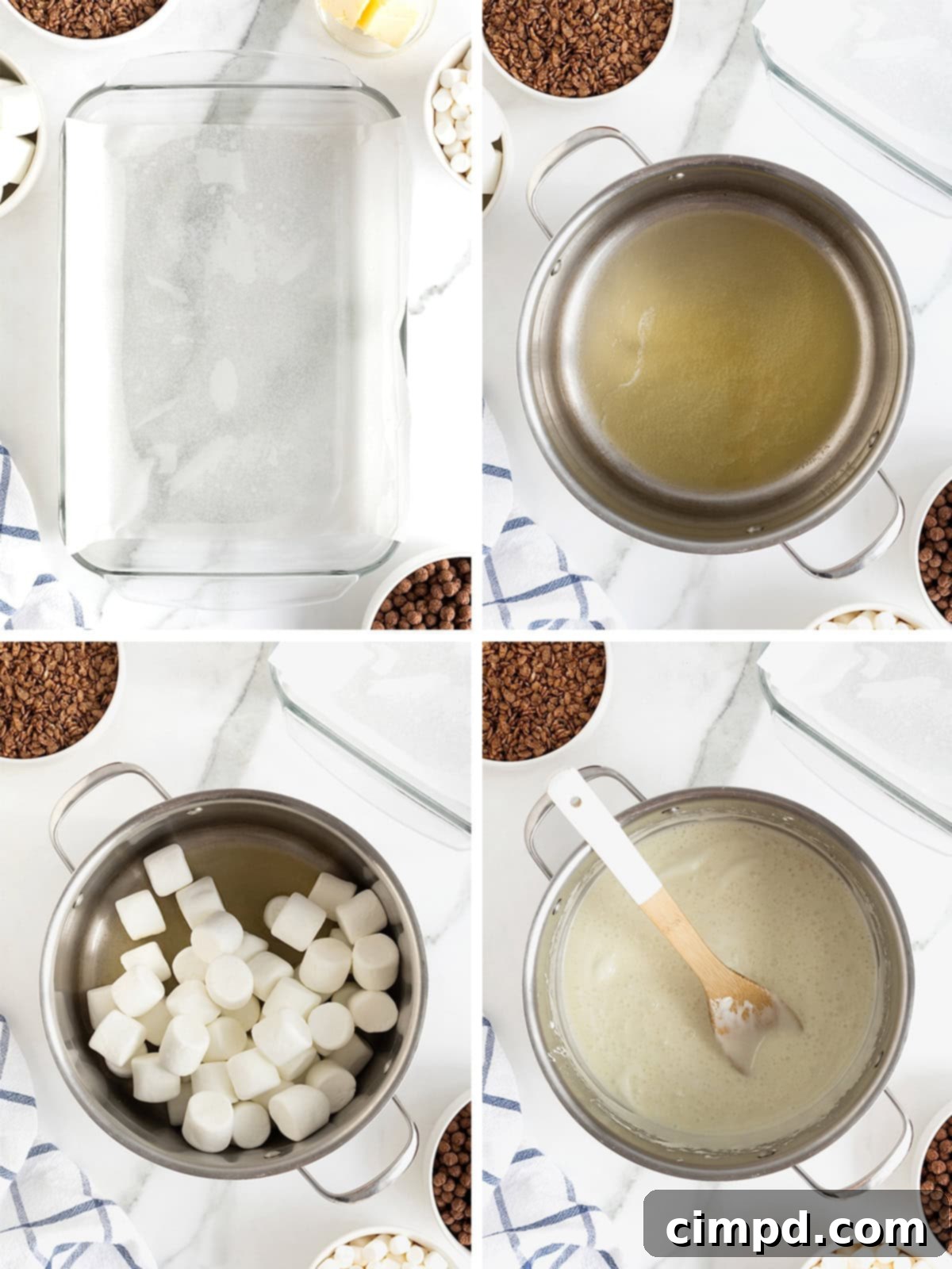 Cozy Hot Cocoa Krispies Squares 6 Initial steps to make hot cocoa Krispies treats, showing butter melting in a saucepan followed by marshmallows added to melt into a smooth, gooey mixture.