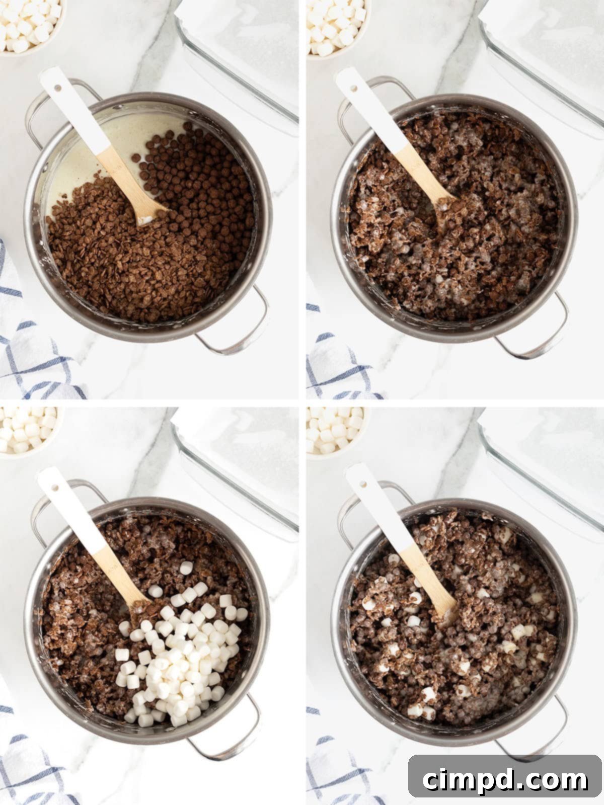 Cozy Hot Cocoa Krispies Squares 7 Steps to make hot cocoa Krispies treats, showing the chocolate cereals being mixed with melted marshmallows, followed by mini marshmallows being folded into the mixture.