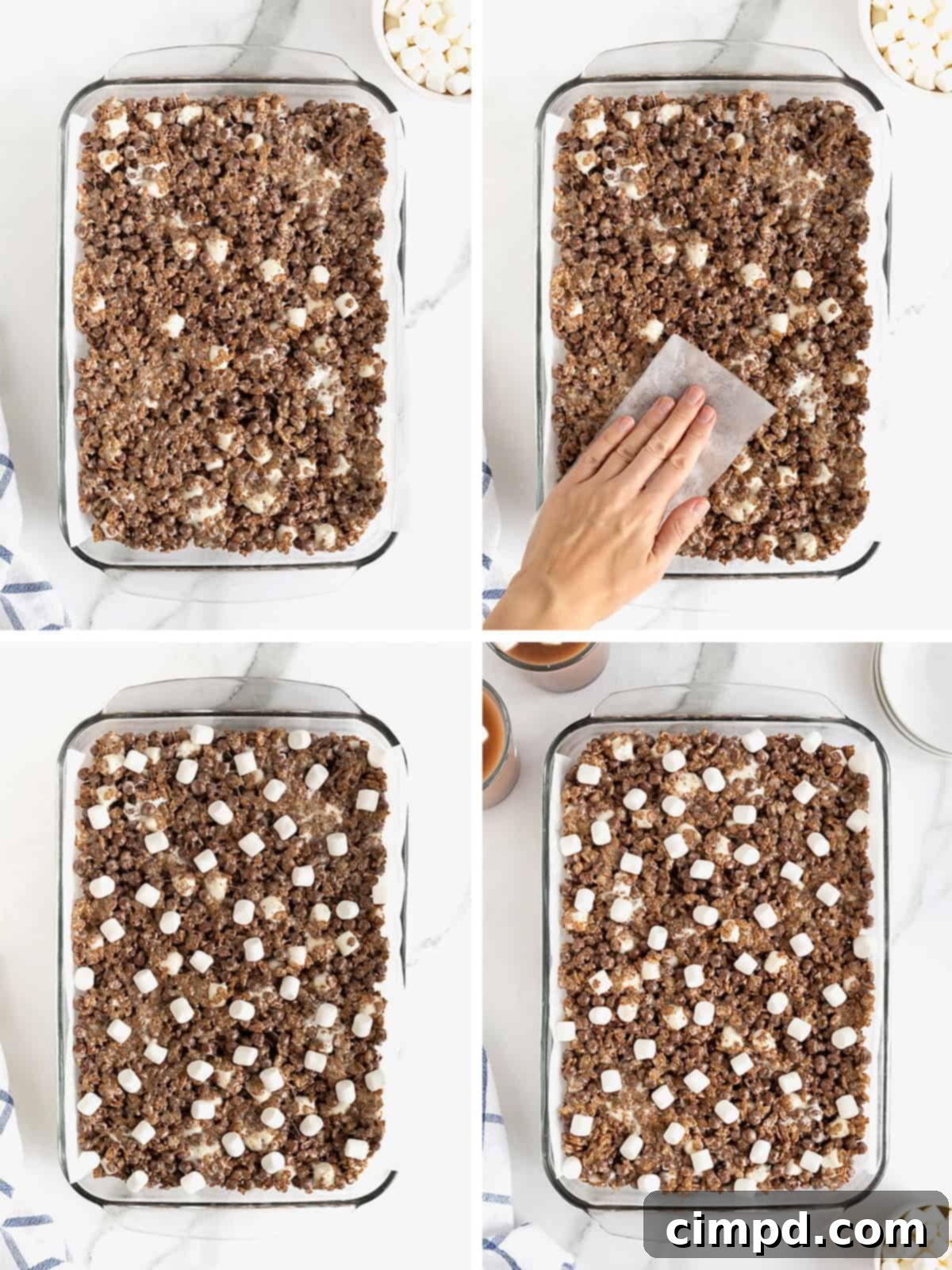 Cozy Hot Cocoa Krispies Squares 8 Steps to make hot cocoa krispies treats, showing the finished product pressed into the baking dish with mini marshmallows on top, ready for cooling and cutting.