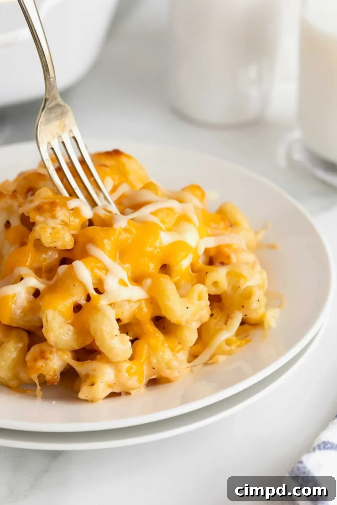 A white dinner plate of baked macaroni and cheese with a metal fork sticking out of it, showcasing its creamy interior.
