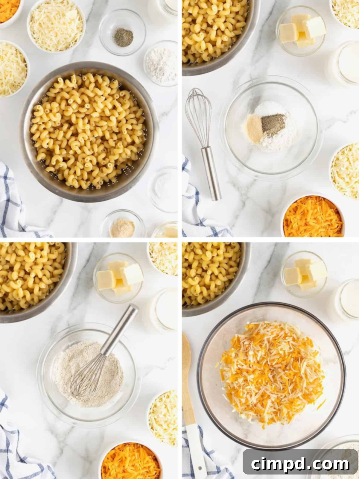 Visual steps illustrating the initial preparation phases of making baked Mac and cheese.