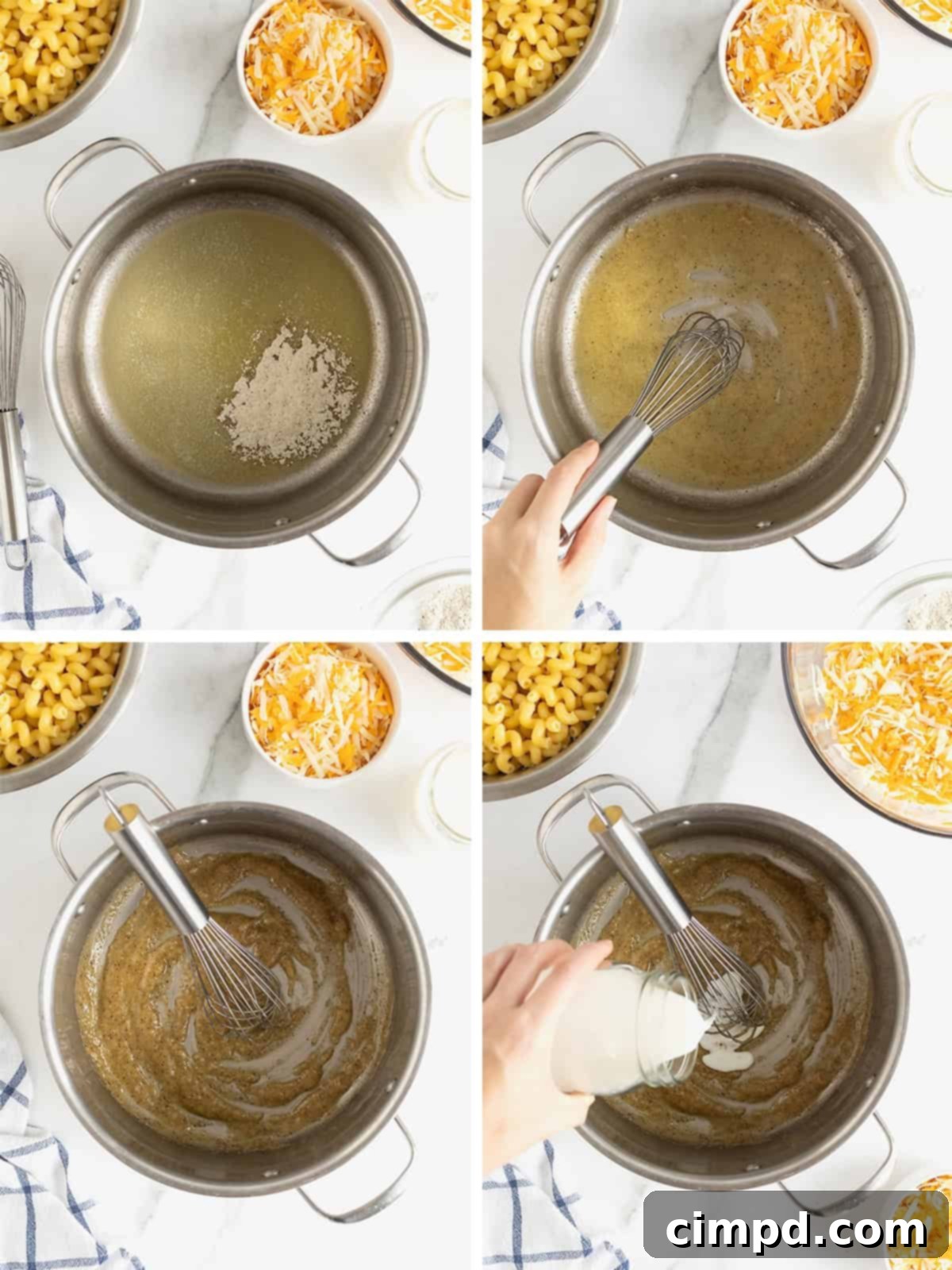 Visual steps showing the process of making the cheese sauce for baked Mac and cheese.