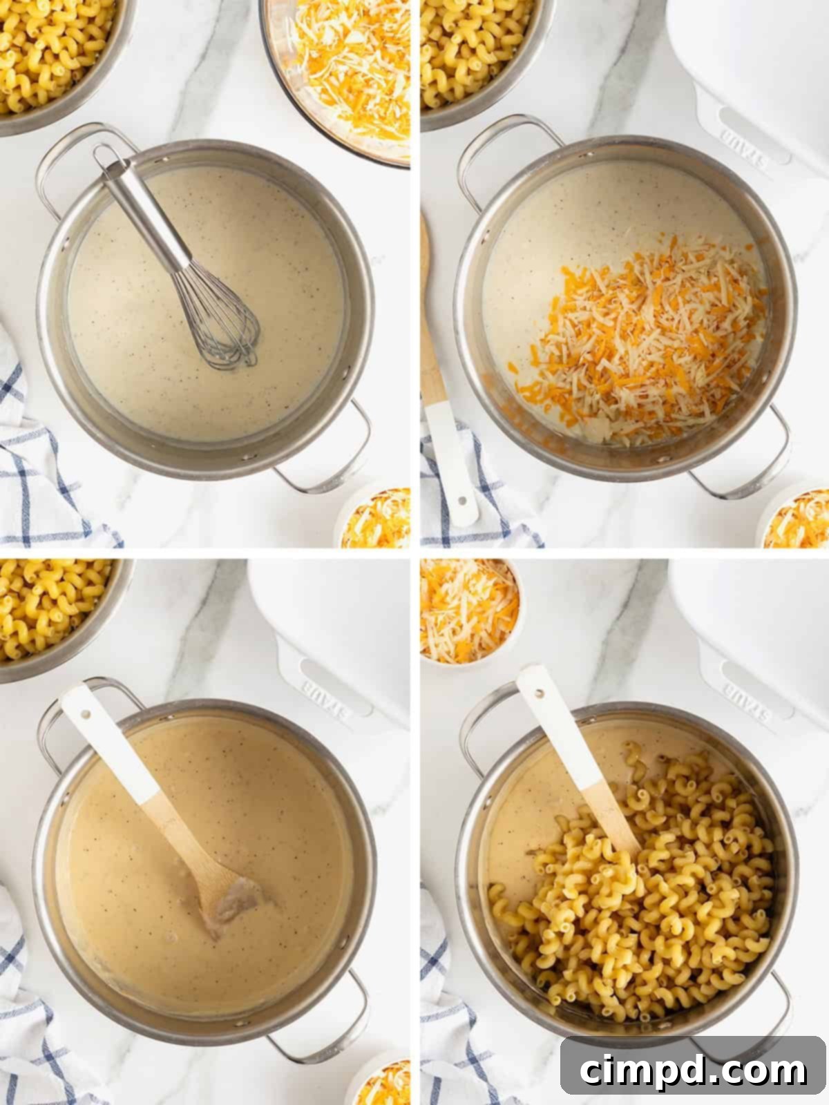 Visual steps illustrating the combination of pasta with cheese sauce for baked macaroni and cheese.