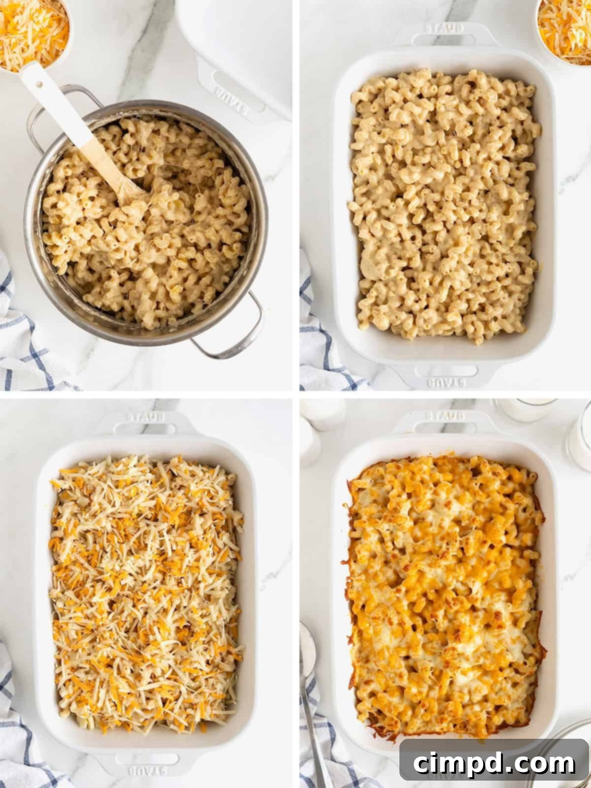 Visual steps showing the final topping and baking process for macaroni and cheese.
