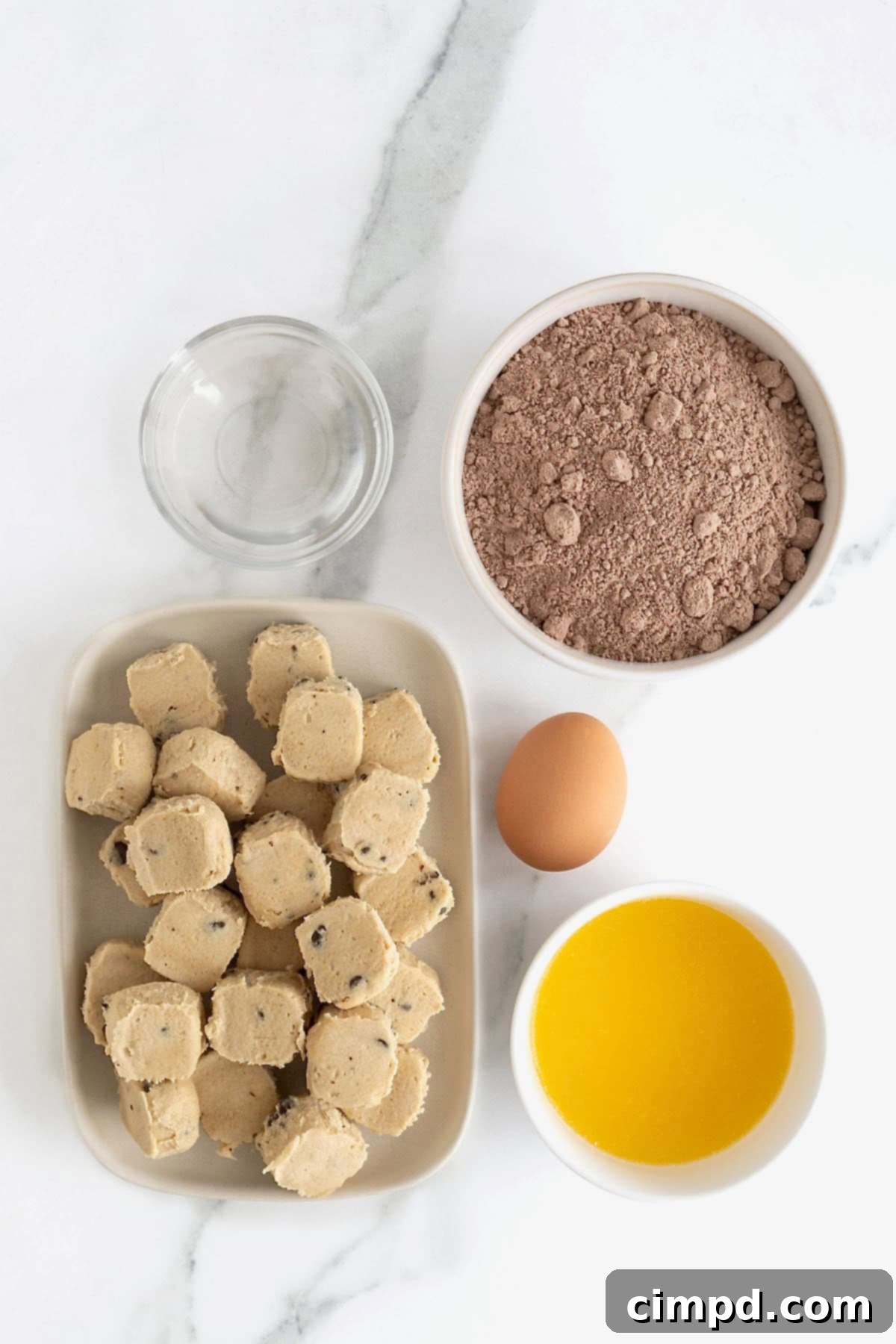 Ingredients for making brookie pie, including a package of cookie dough, a box of brownie mix, butter, an egg, and a glass of water, arranged in white dishes on a white marble counter.