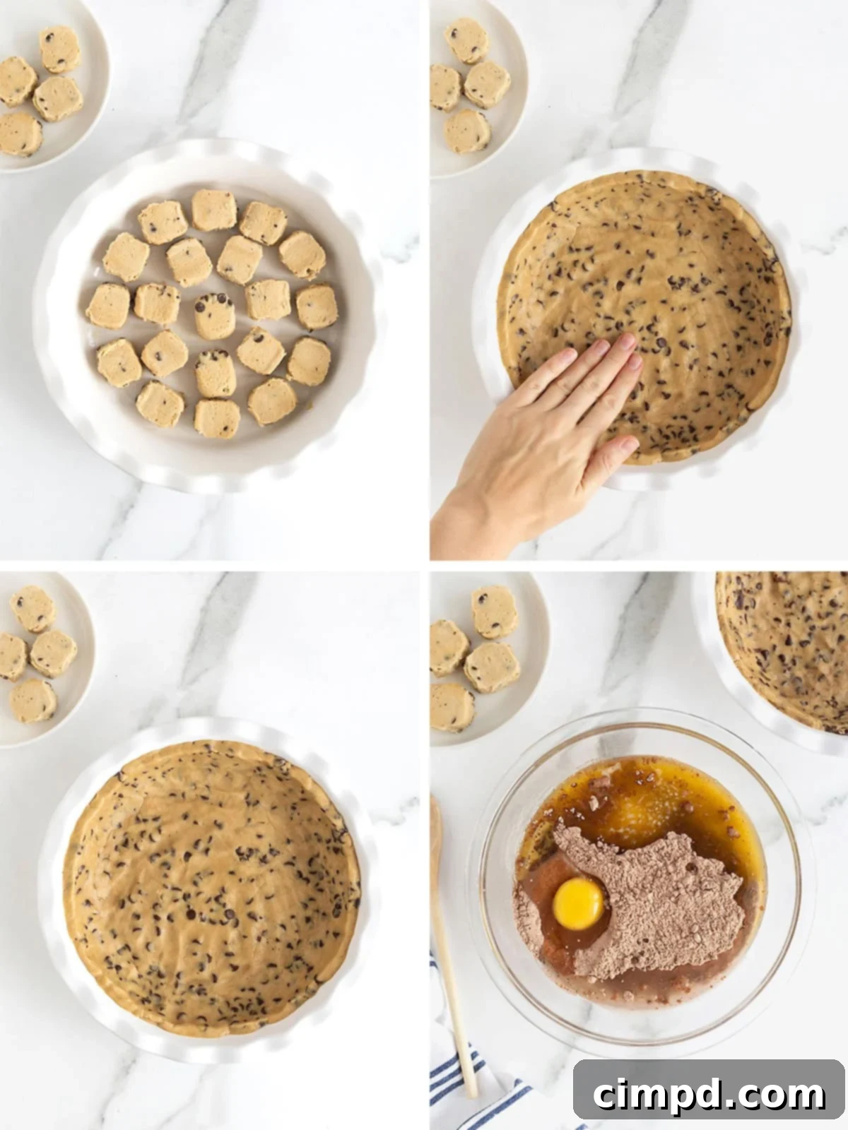 A visual guide showing steps to make brookie pie, including pressing cookie dough into a pie dish, mixing brownie batter, and spreading it over the cookie crust.