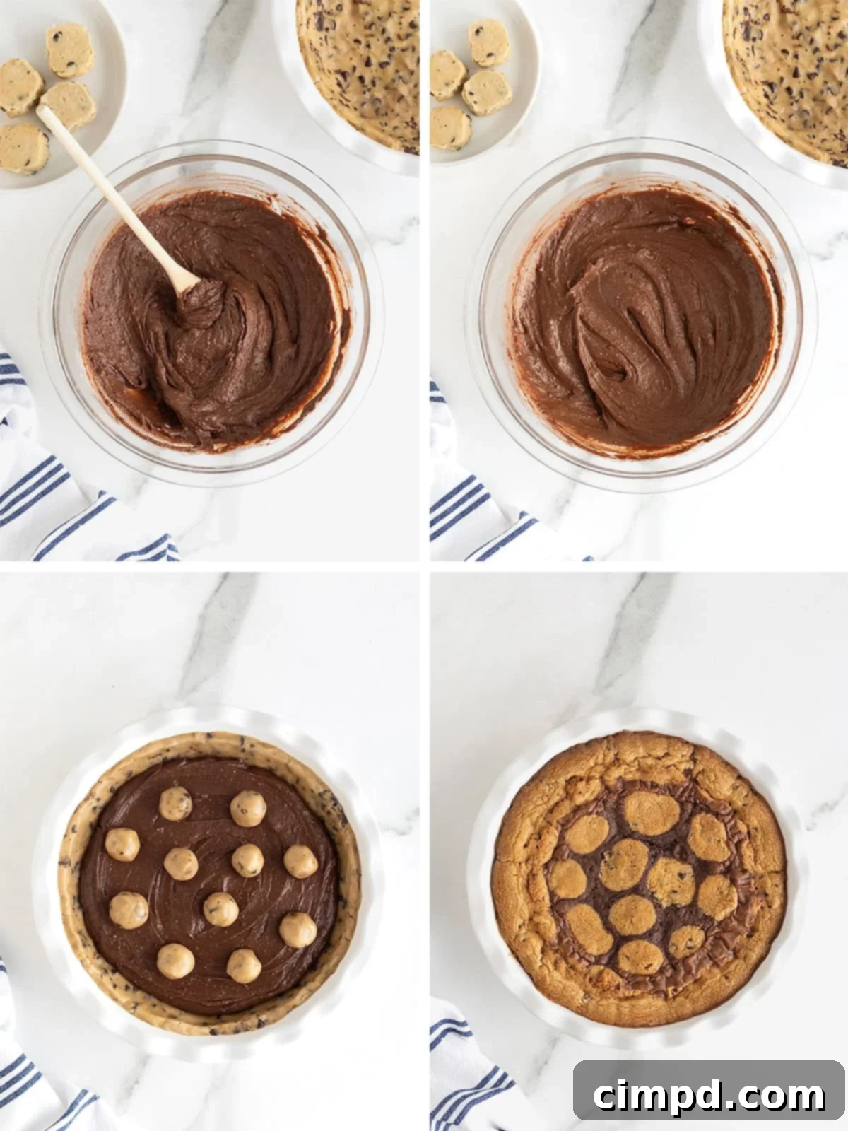 A visual guide showing the final steps to make brookie pie, including adding cookie dough balls on top, baking, and cooling the finished pie.