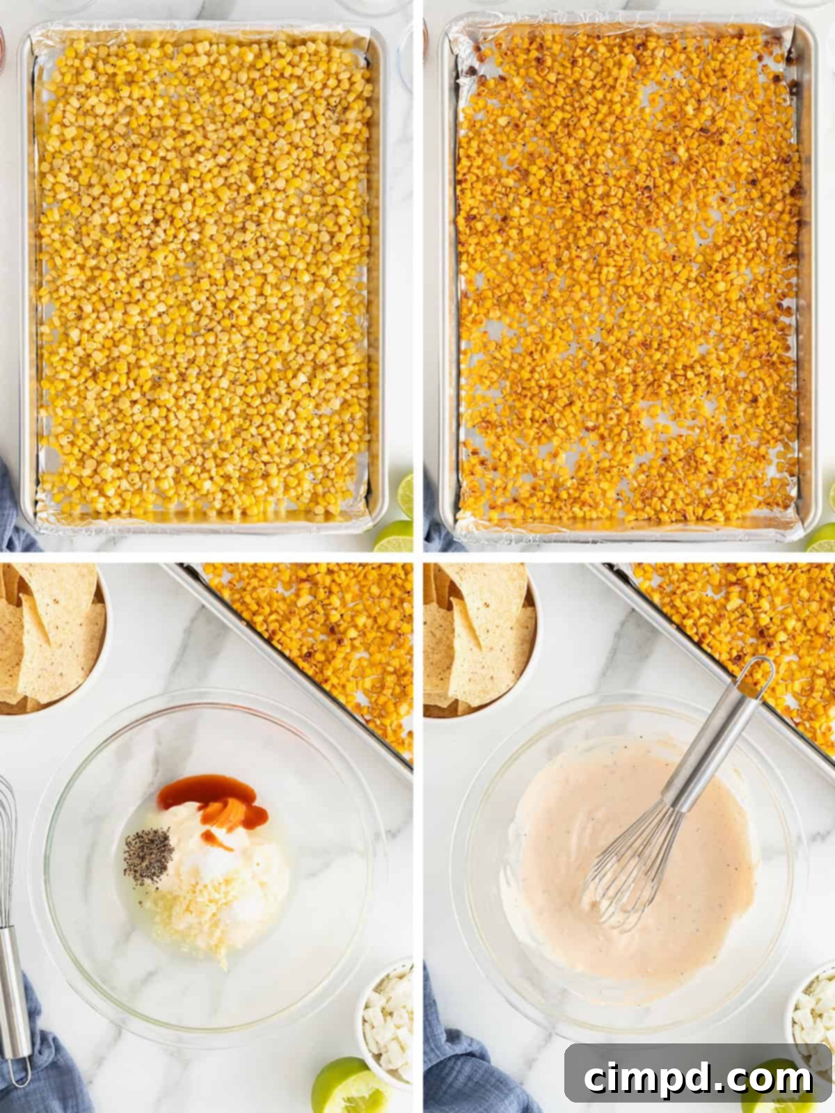 A series of three images showing the steps to make elotes dip, starting with roasting corn, mixing sauce, and adding cheese.
