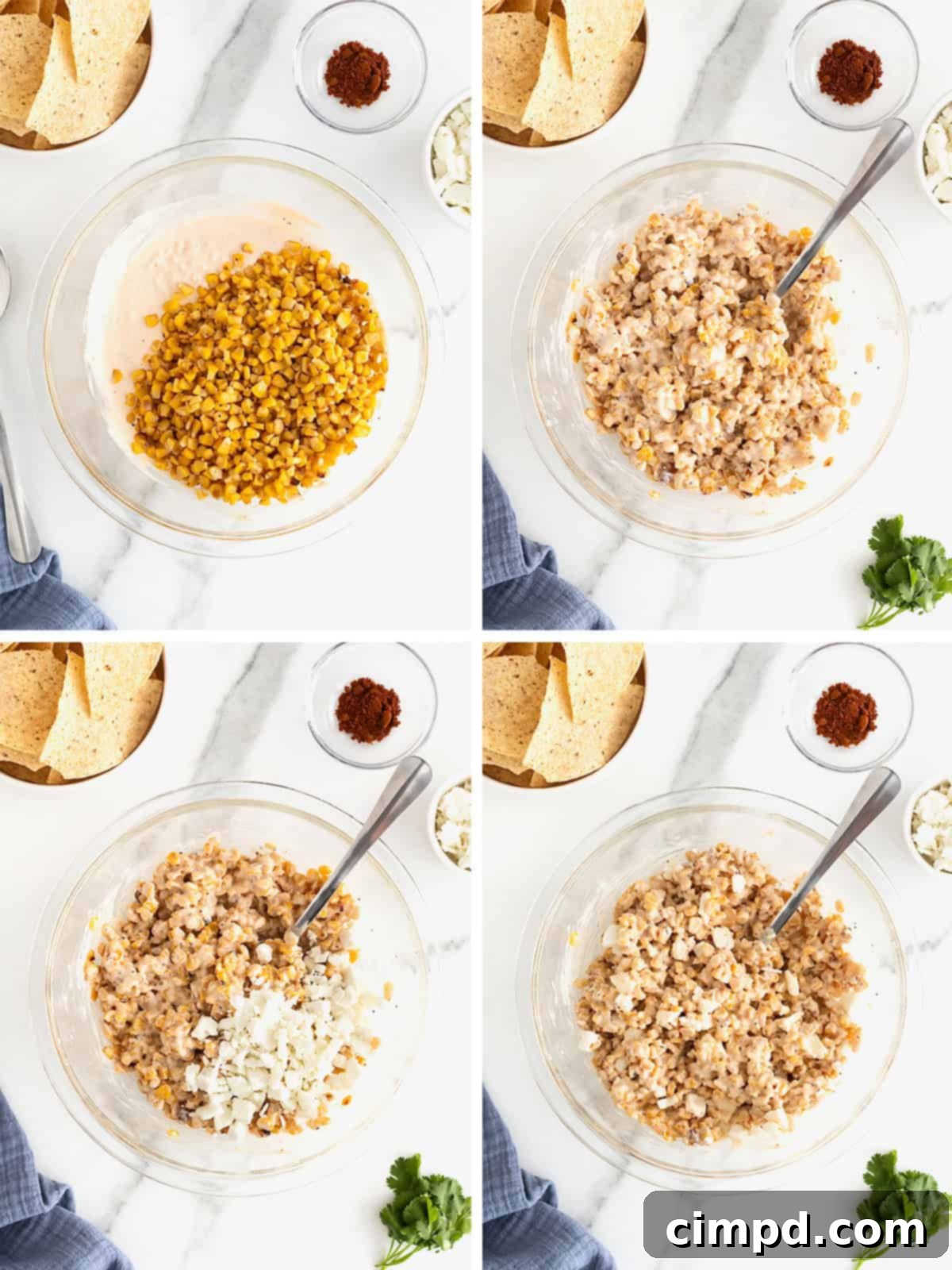Detailed steps for making roasted corn elotes dip, showing mixing ingredients and adding cotija cheese.