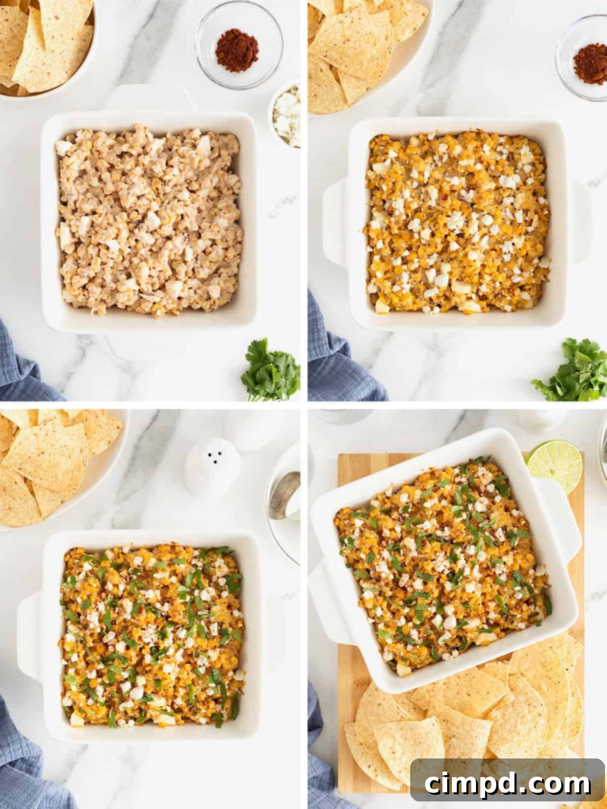 The final steps of making elotes dip, showing the baked dip garnished with chili powder and cilantro, ready to be served.
