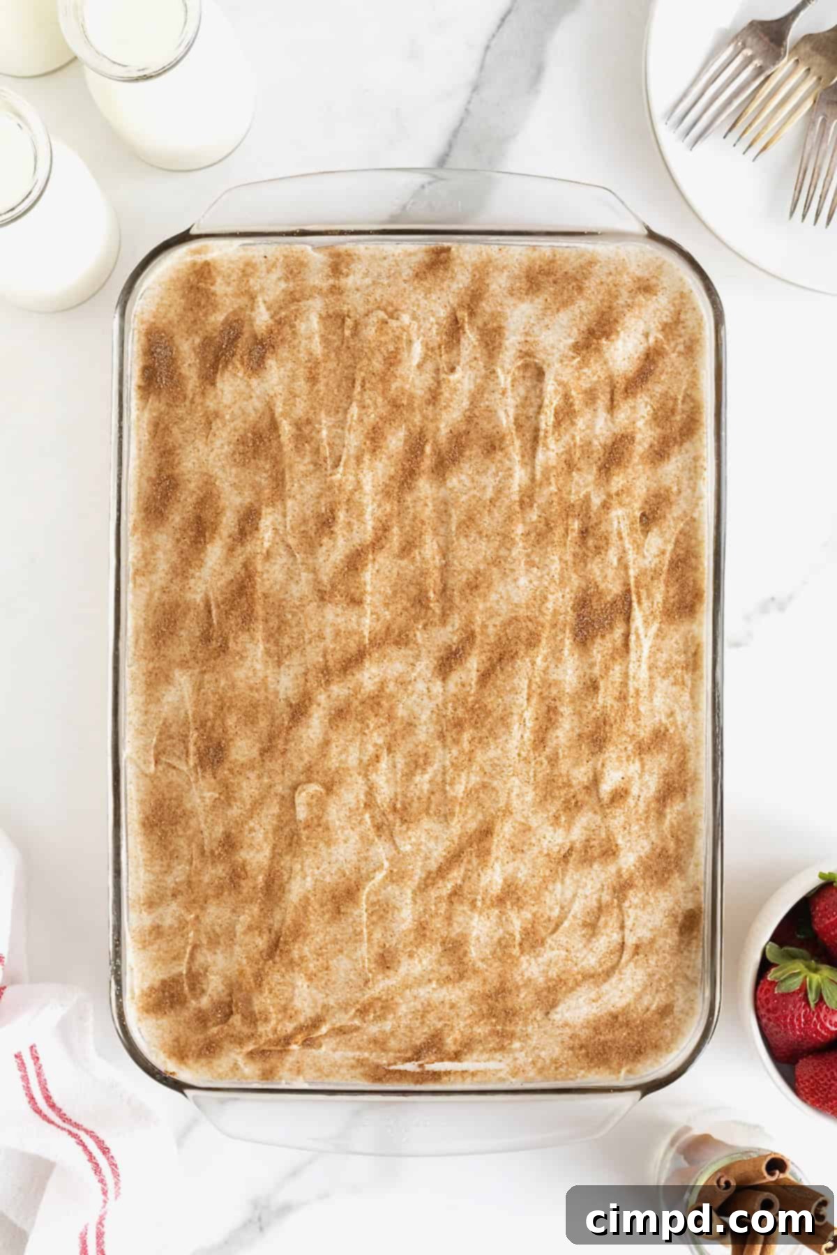 A glass baking dish of tres leches cake dusted with cinnamon sugar on a white marble counter.