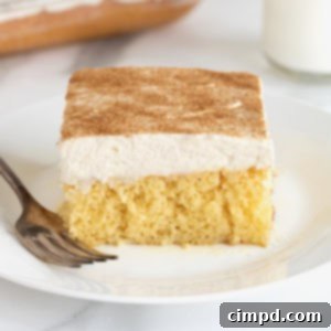 A square of tres leches cake on a white dessert plate with a fork next to it.