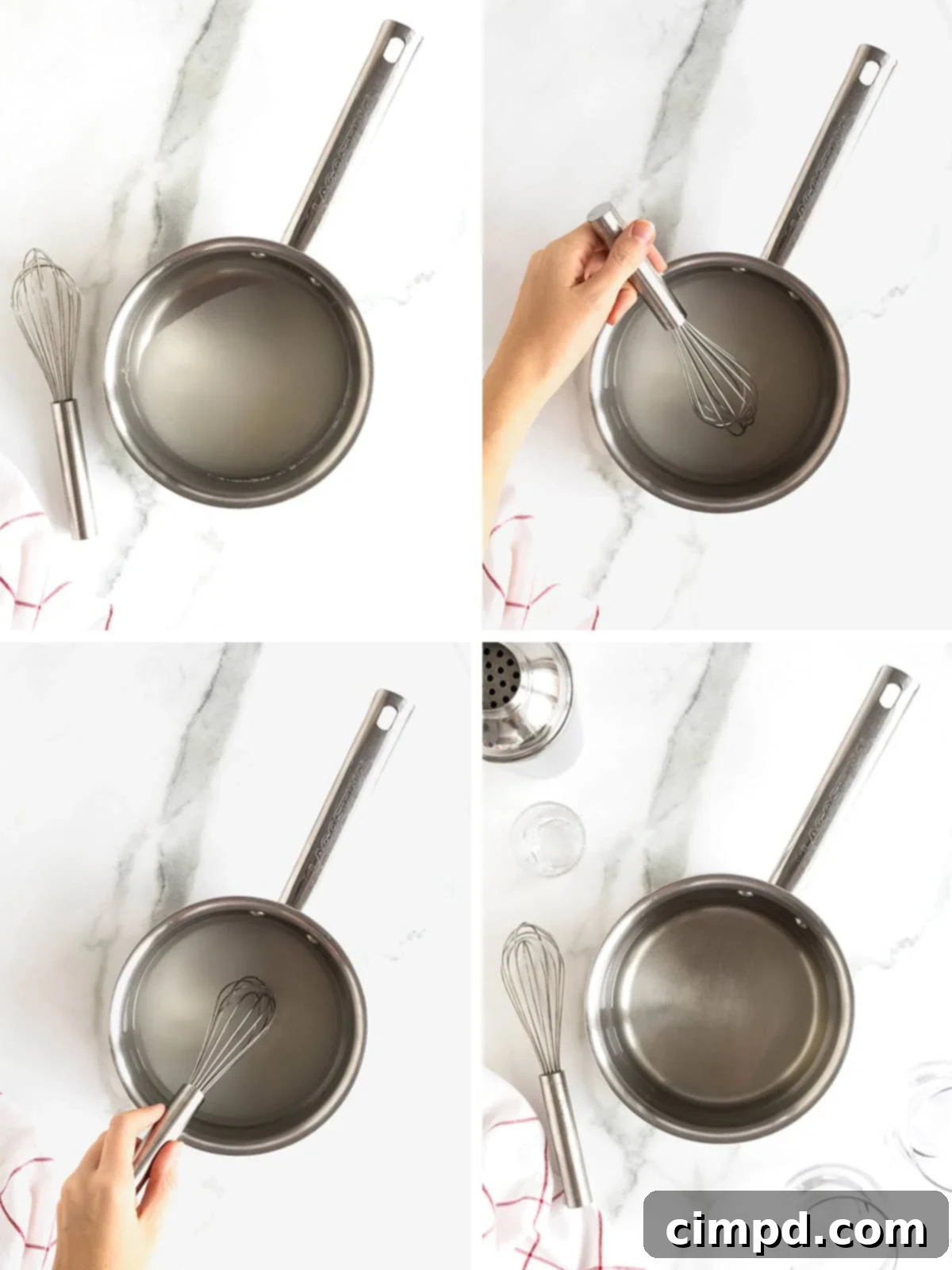 A visual sequence of steps illustrating how to make simple syrup: combining ingredients, simmering, stirring, and cooling the finished syrup.