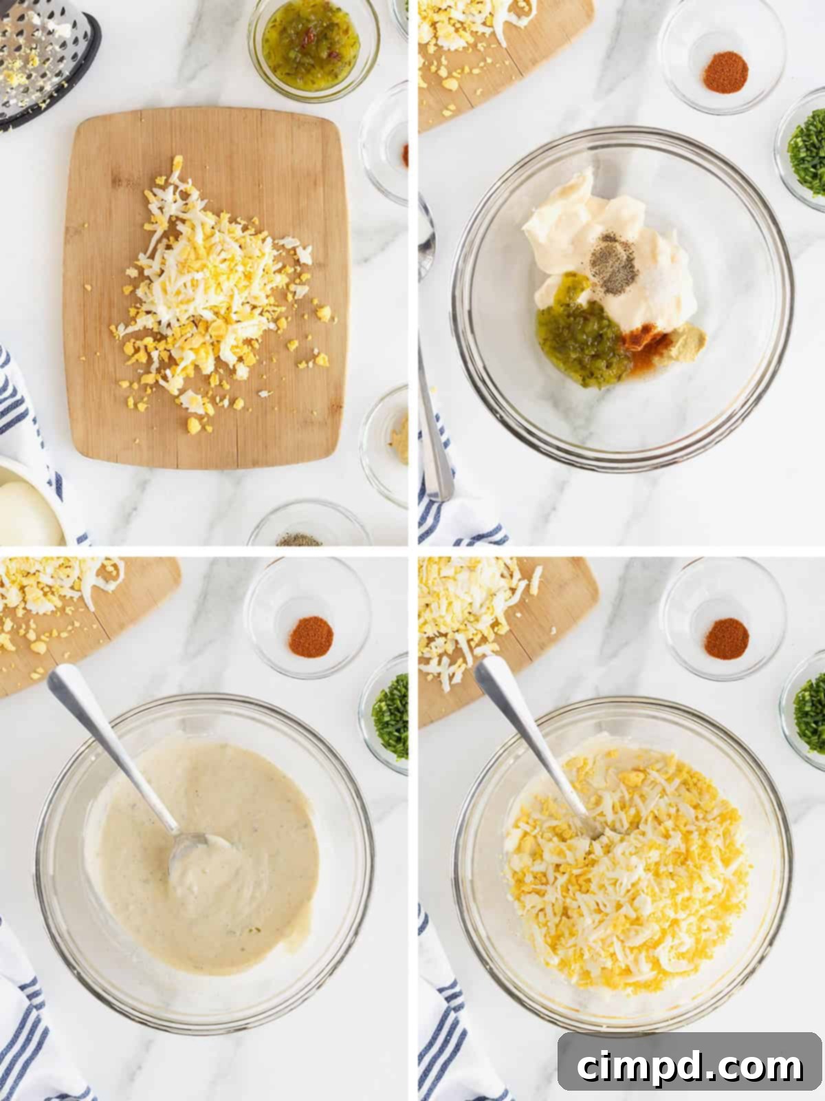 Steps to make deviled egg dip.