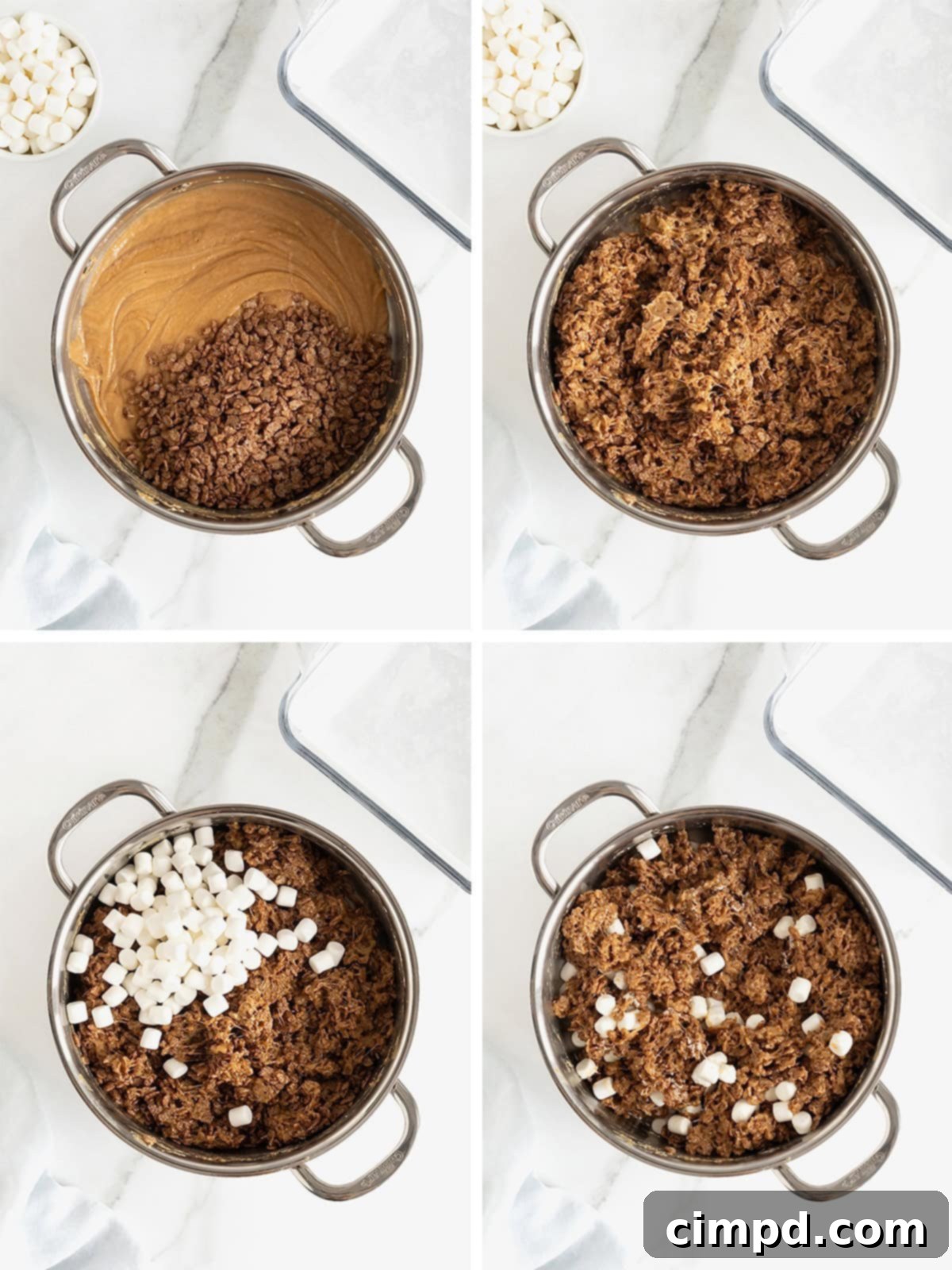 Continuing steps for preparing Chocolate Peanut Butter Rice Krispies Treats, showing the mixture being pressed into the baking dish.