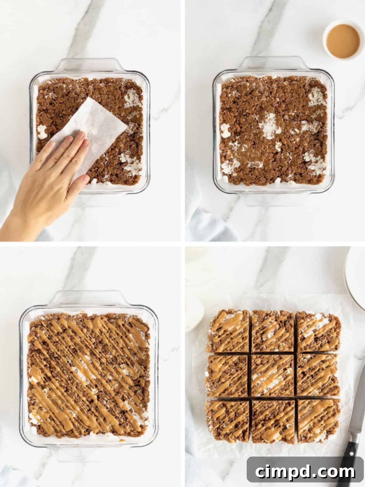 The final steps of making Chocolate Peanut Butter Rice Krispies Treats, including drizzling peanut butter and cutting into perfect squares.