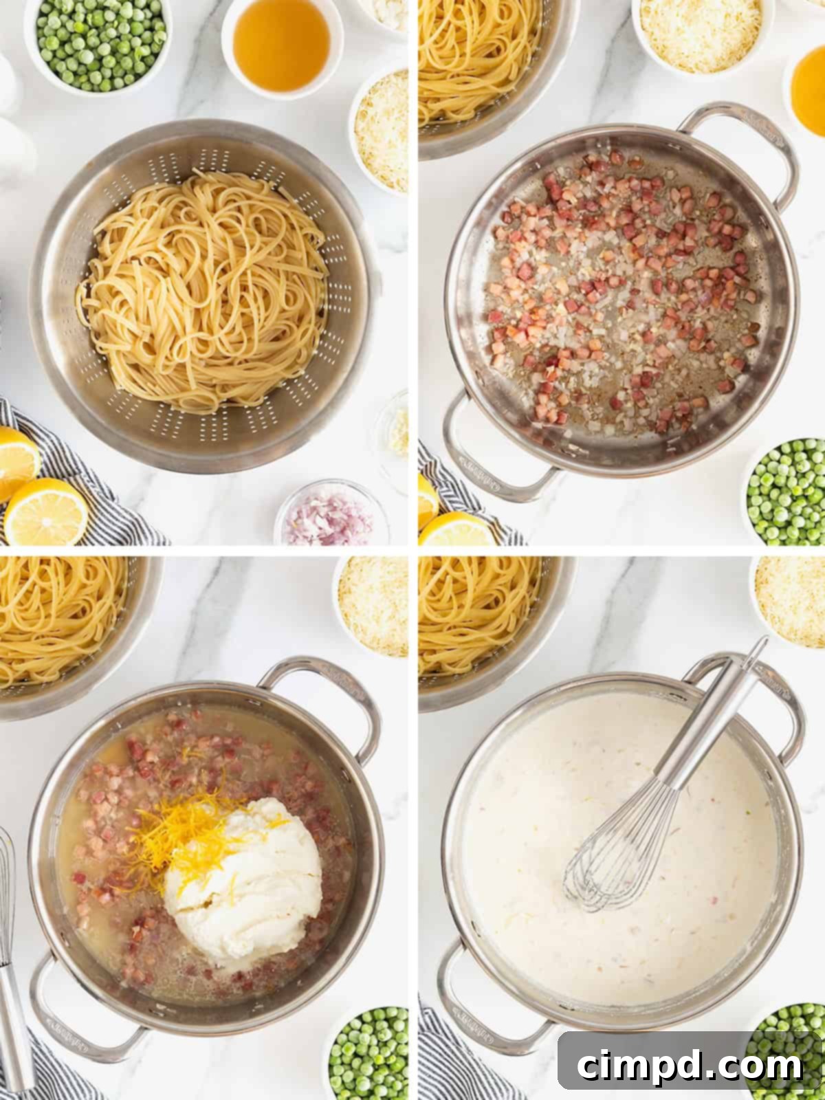 A series of step-by-step images showing the process of making lemon ricotta linguini, starting with browning pancetta and sautéing aromatics.