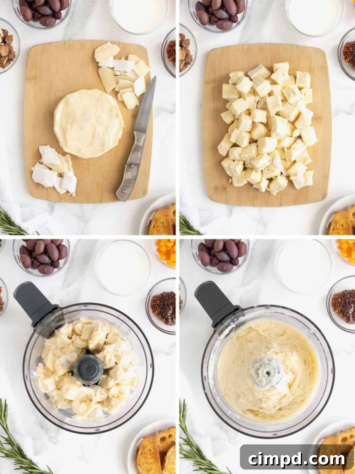 A visual collage illustrating the initial steps to make charcuterie dip, including rind removal and blending brie in a food processor.