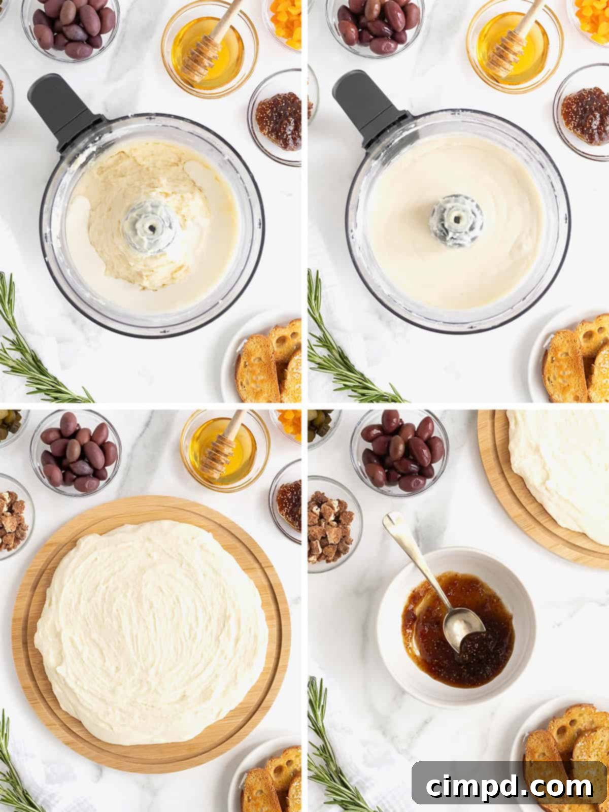 A visual guide showing how to achieve the perfect whipped brie consistency and spread it beautifully on a serving plate.
