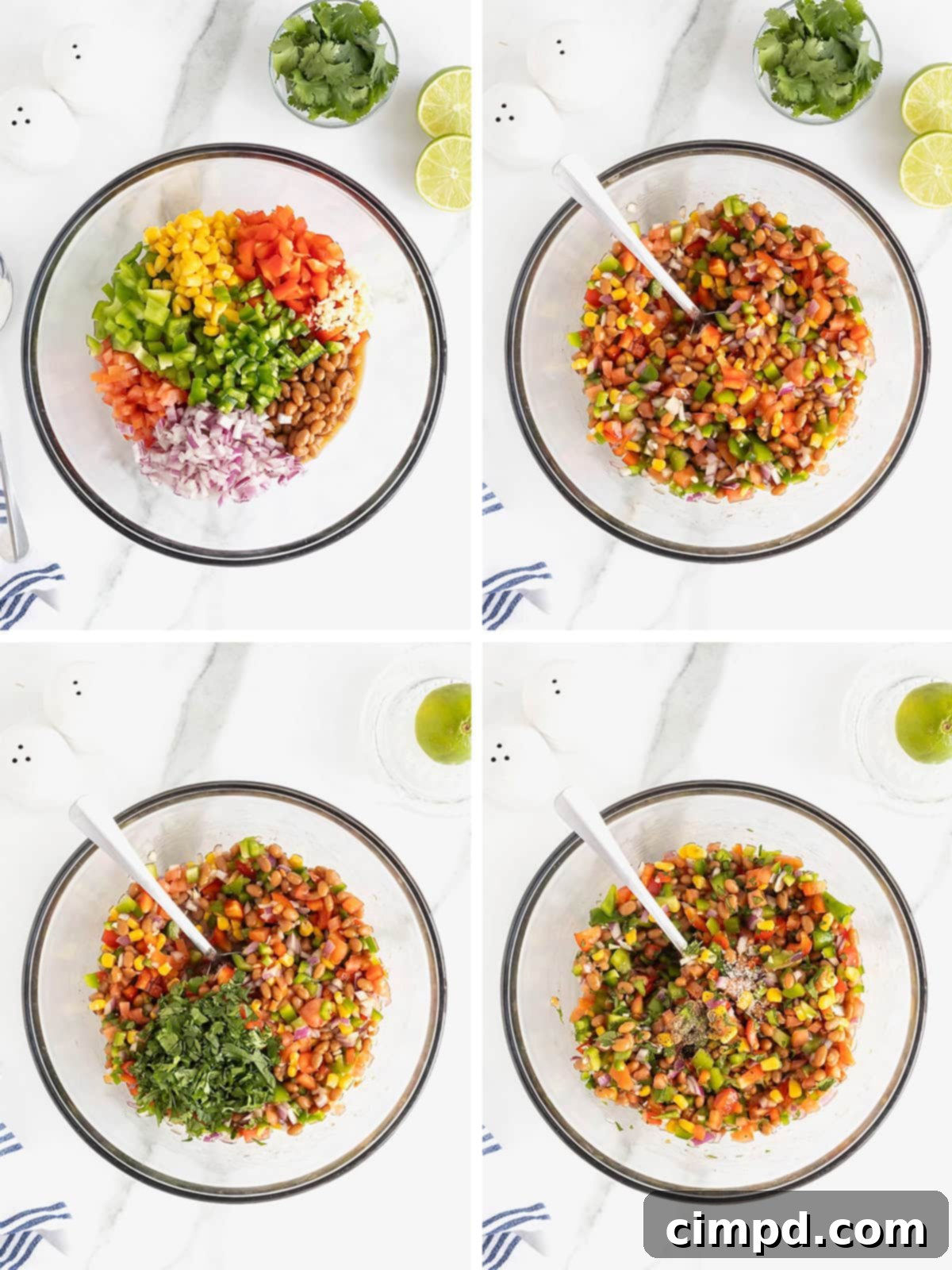 A visual step-by-step collage showing the process of making Baked Bean Cowboy Caviar, from fresh ingredients to the final mixed dip.