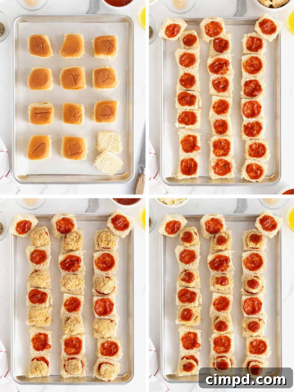 A visual step-by-step guide showing the assembly of easy chicken parmesan sliders, from slicing rolls to adding cheese.