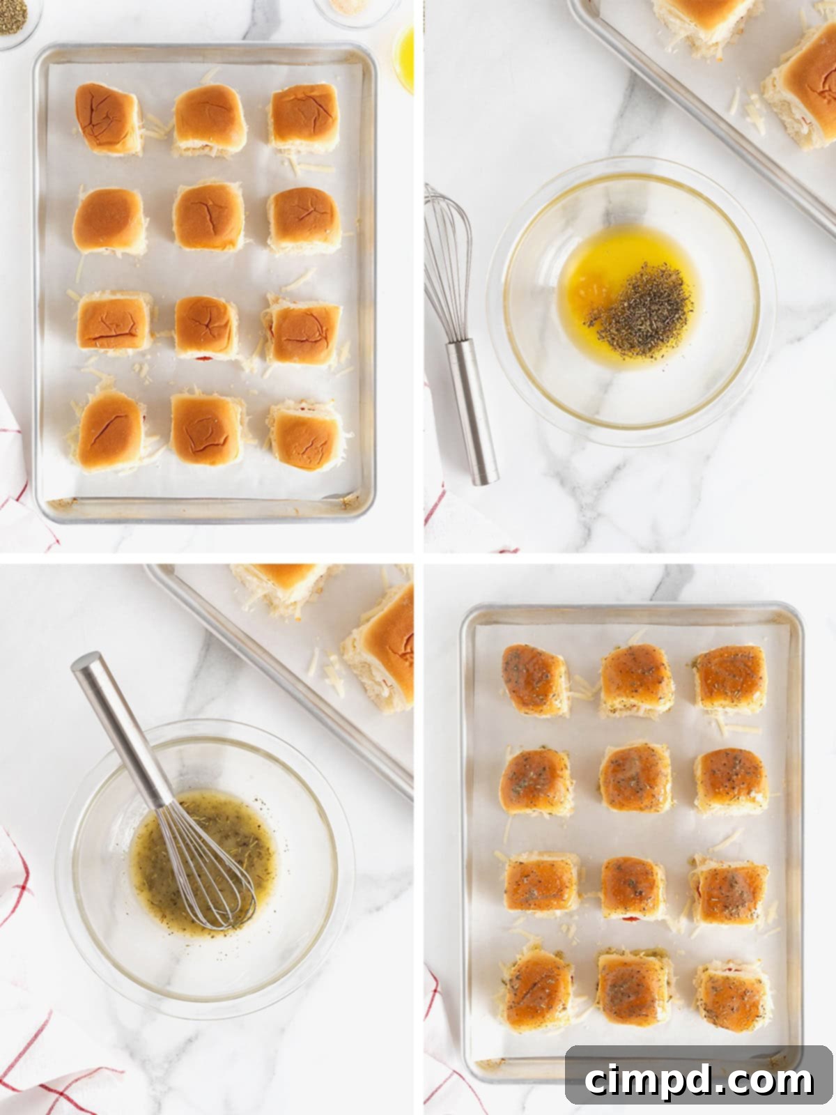 Further steps in making chicken parmesan sliders, including brushing with seasoned butter before baking.