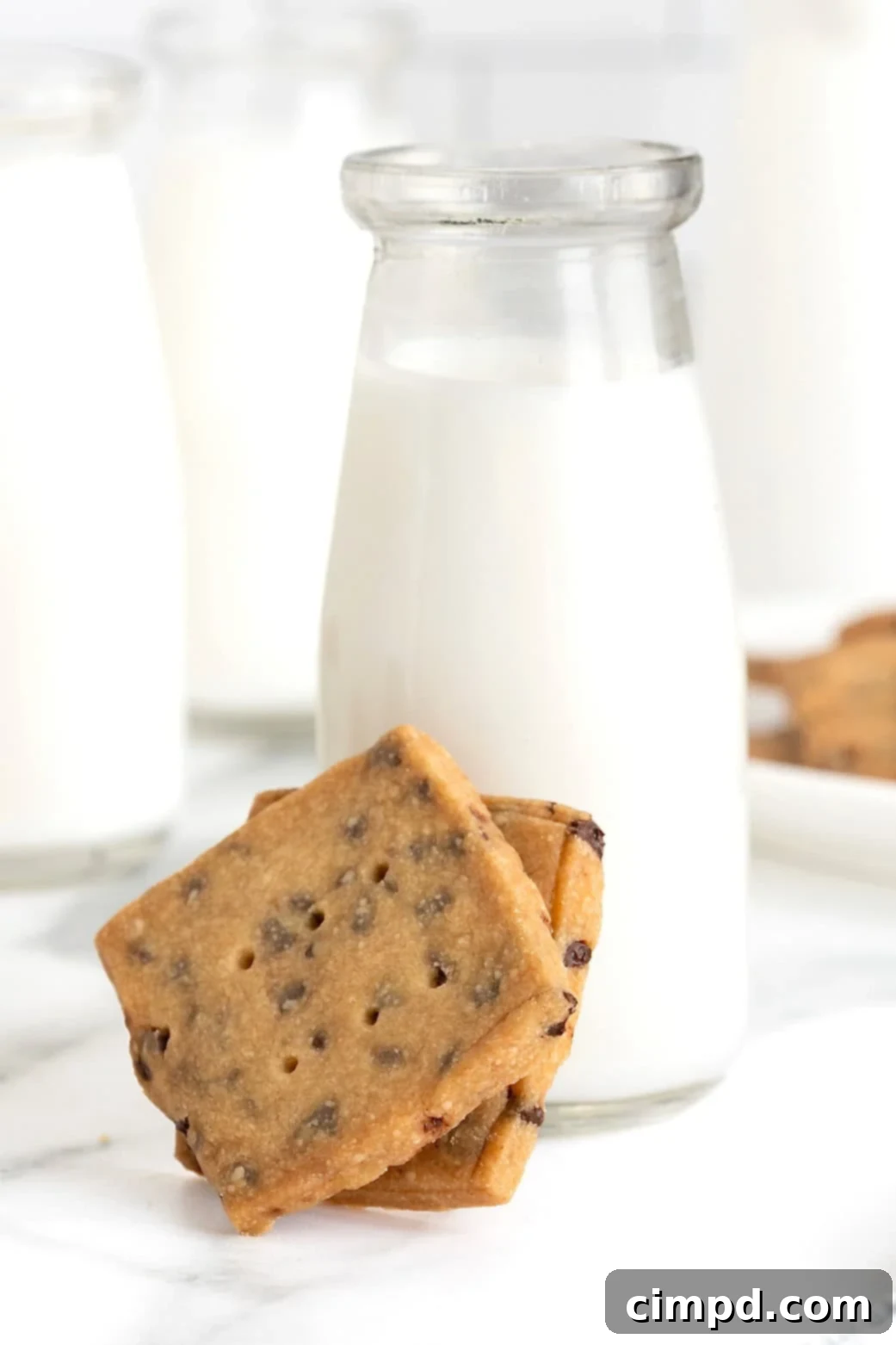 Crispy Chocolate Chip Snaps 4 Two golden chocolate chip cookie crisps are gracefully propped against a clear glass carafe filled with refreshing milk, inviting a delightful dip.
