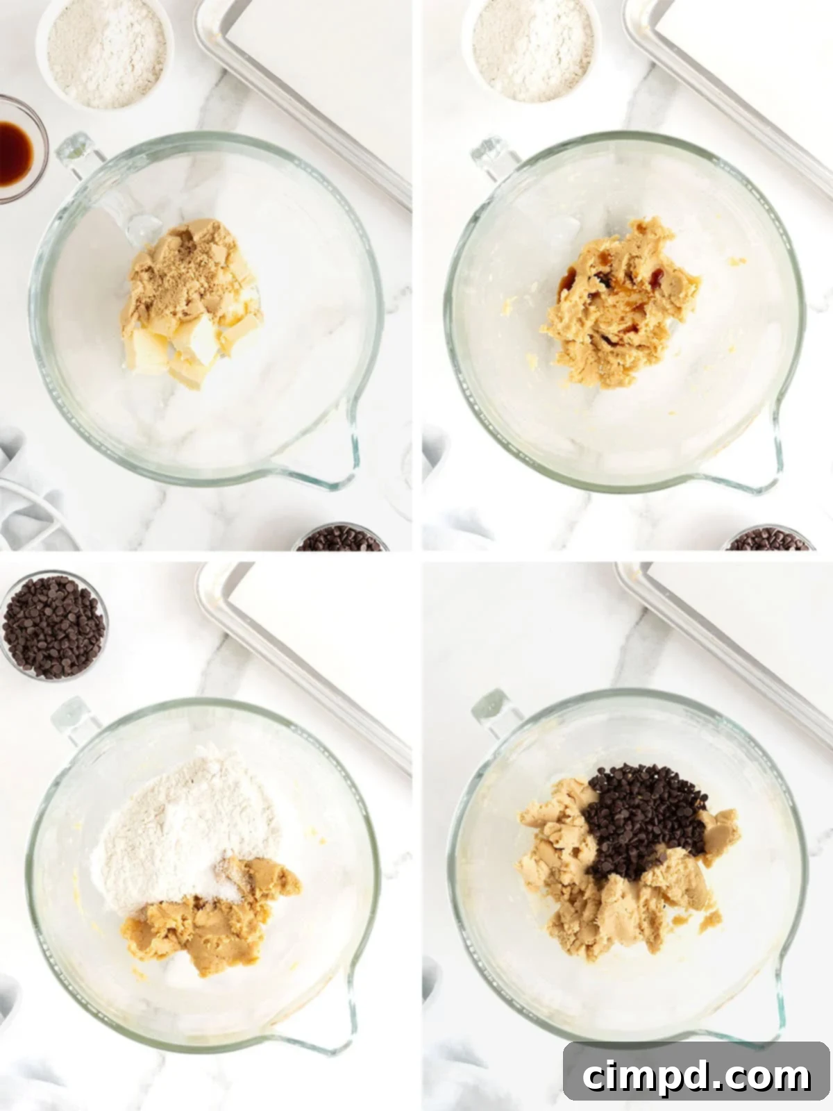 Crispy Chocolate Chip Snaps 6 A series of step-by-step images illustrating the process of making Chocolate Chip Cookie Crisps, from mixing ingredients to forming the dough.