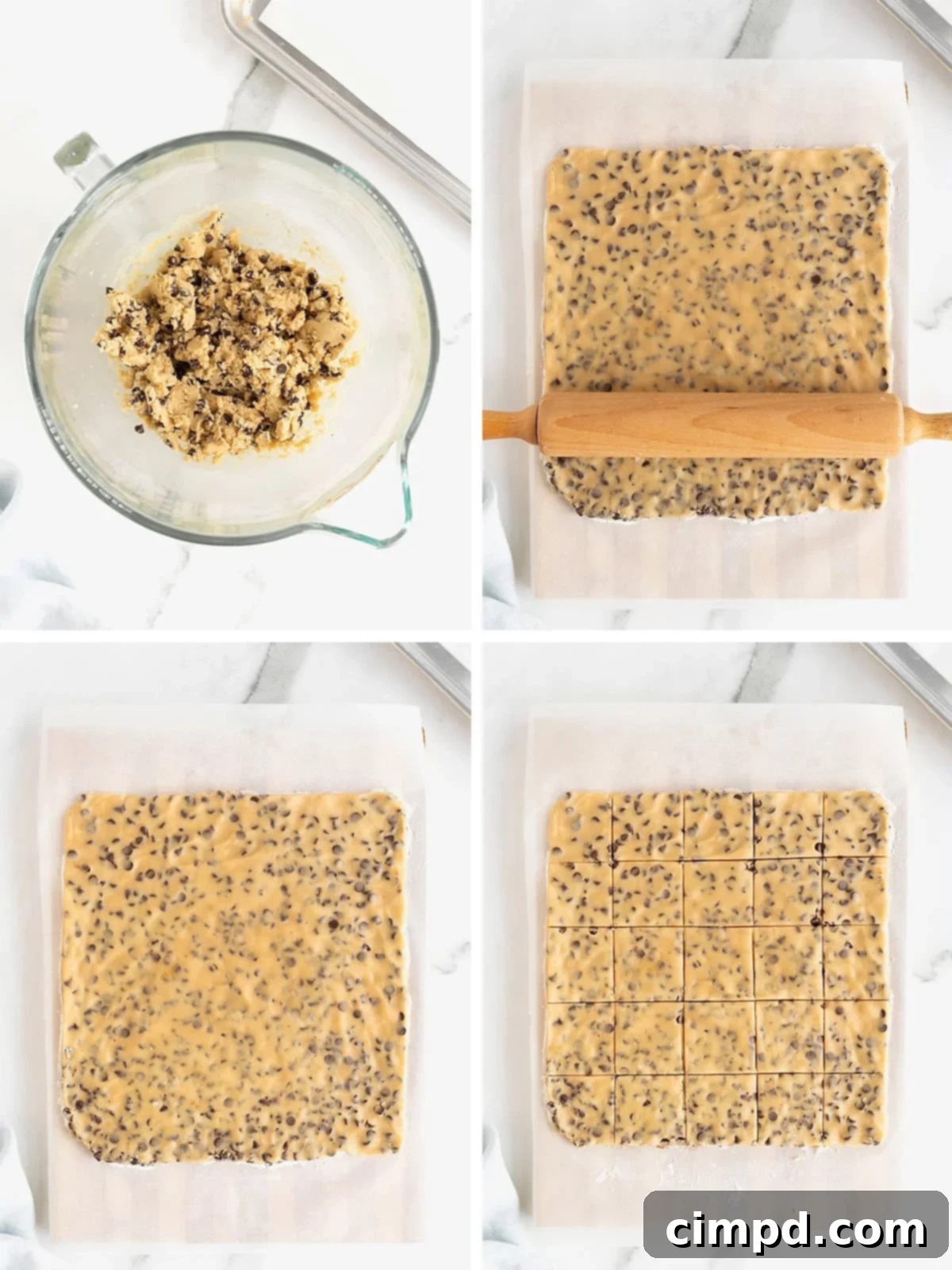 Crispy Chocolate Chip Snaps 7 A visual depiction of the steps to create Chocolate Chip Cookie Crisps, focusing on the dough preparation and cutting process.