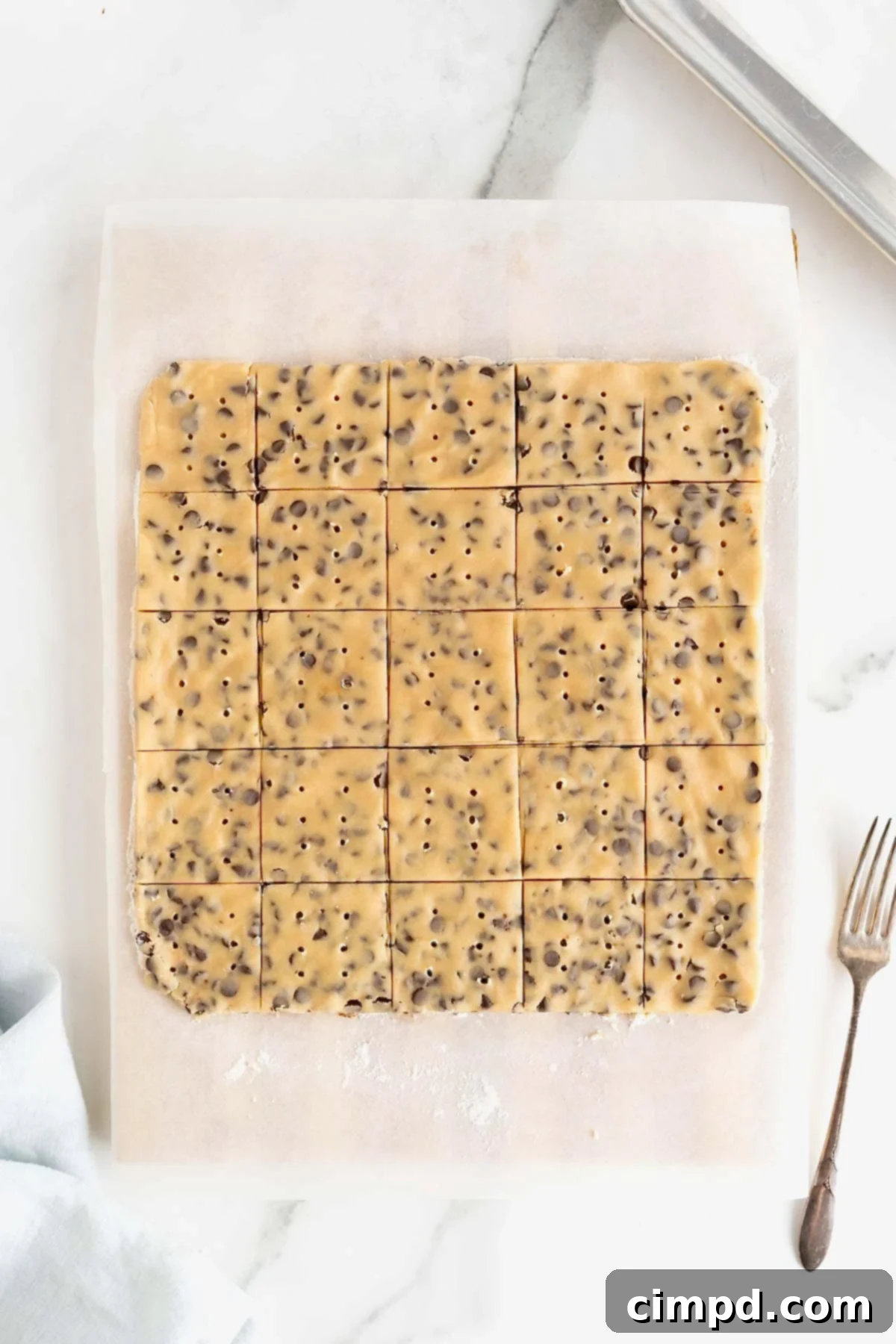 Crispy Chocolate Chip Snaps 8 Neatly arranged chocolate chip cookie crisp dough squares, pricked with a fork, resting on parchment paper on a white marble counter, awaiting baking.