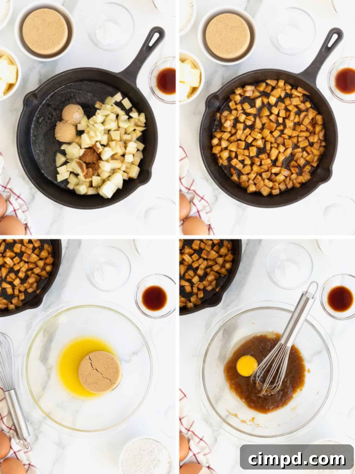 A visual guide showing the initial steps of preparing the apple skillet cake, including sautéing apples in a cast iron skillet and mixing wet ingredients in a bowl.