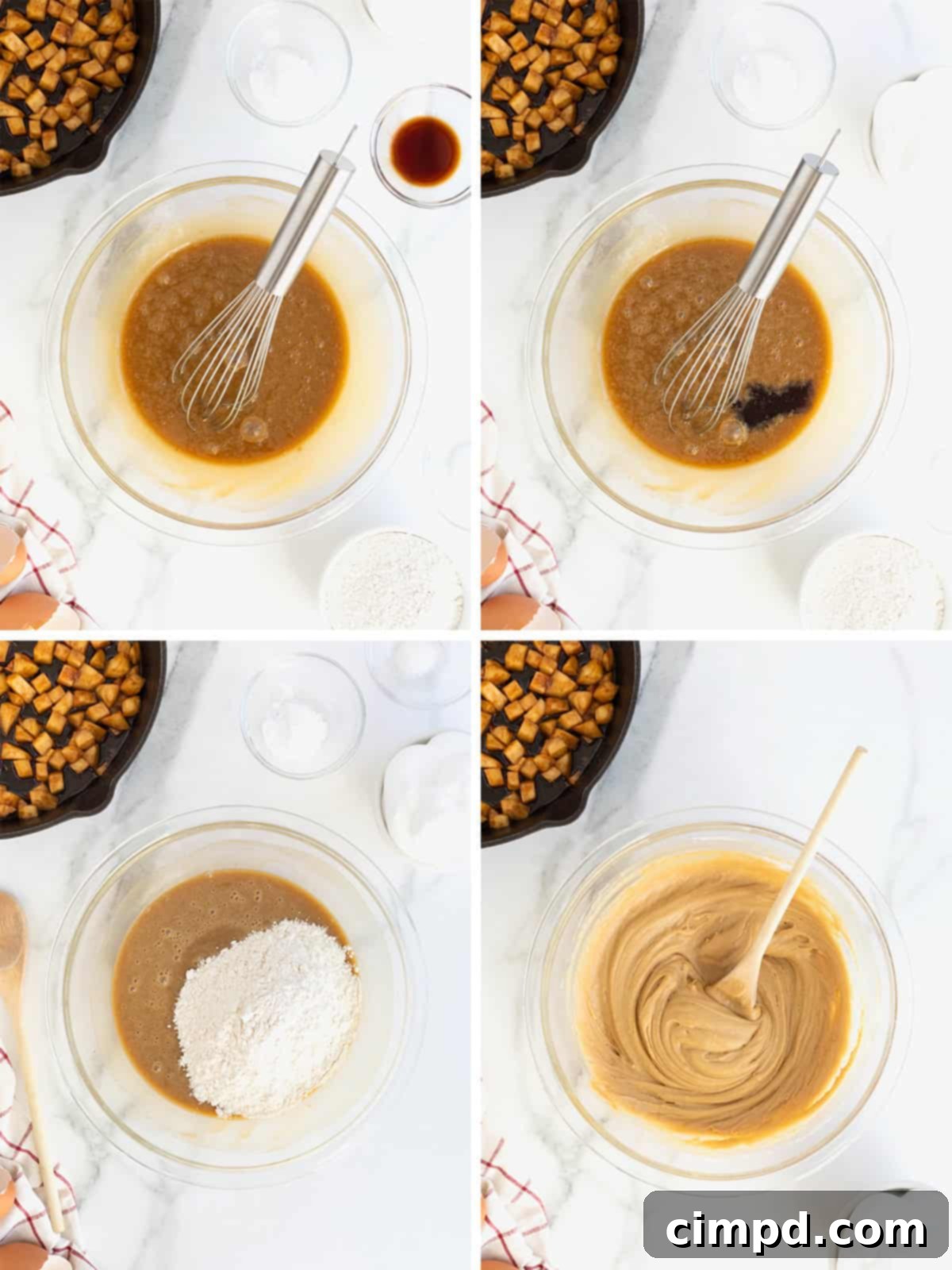 The next set of steps for making apple skillet cake, illustrating the process of mixing dry ingredients into the wet batter.