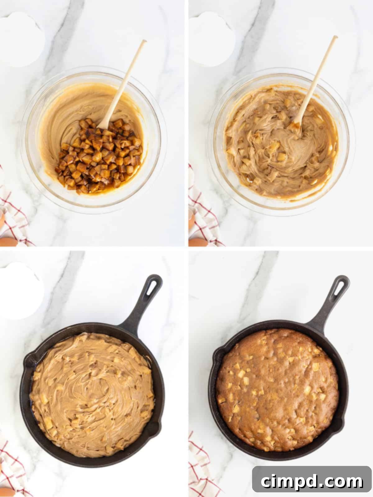 The final stages of apple skillet cake preparation, showing the batter spread in the skillet ready for baking and the finished cake.