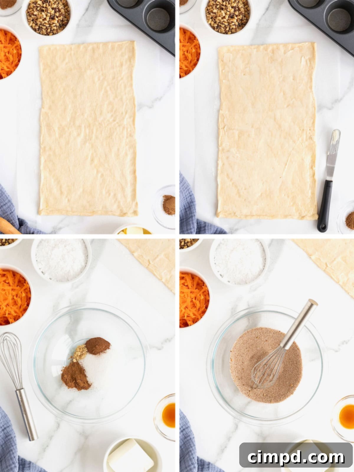 Flaky Spiced Carrot Cruffins 7 A series of four images illustrating the initial steps of making carrot cake cruffins from store-bought crescent rolls, showing the dough being rolled, buttered, and spiced.