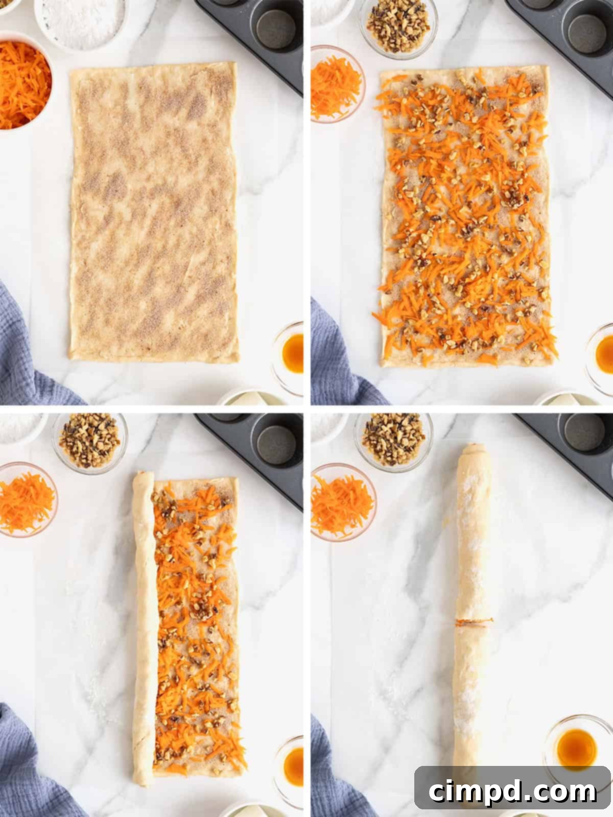 Flaky Spiced Carrot Cruffins 8 Four images detailing the crucial steps of preparing carrot cake cruffins: rolling the dough into logs, cutting the logs in half, slicing them lengthwise to reveal layers, and forming the cruffin spiral shape.