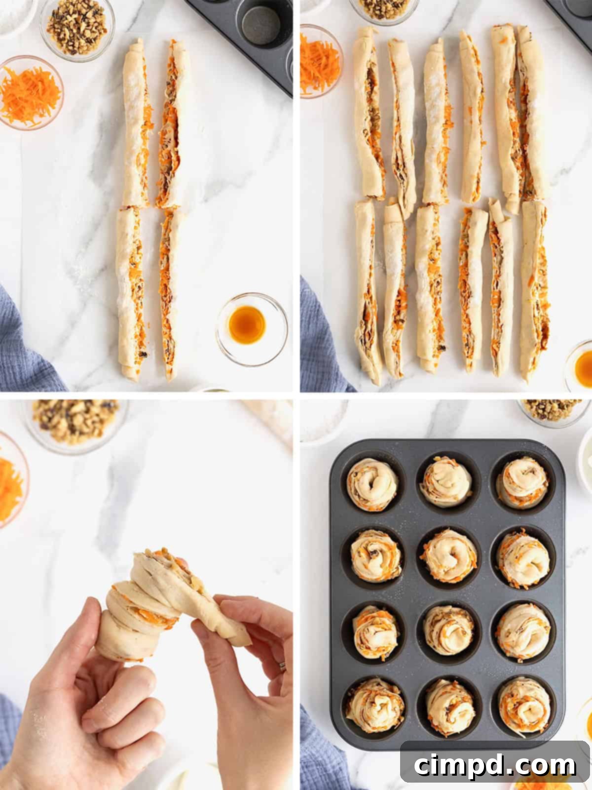 Flaky Spiced Carrot Cruffins 9 Four images demonstrating the final assembly steps for carrot cake cruffins before baking: showing the layered dough being wrapped into a spiral, placed into a muffin tin, and the filled muffin pan ready for the oven.