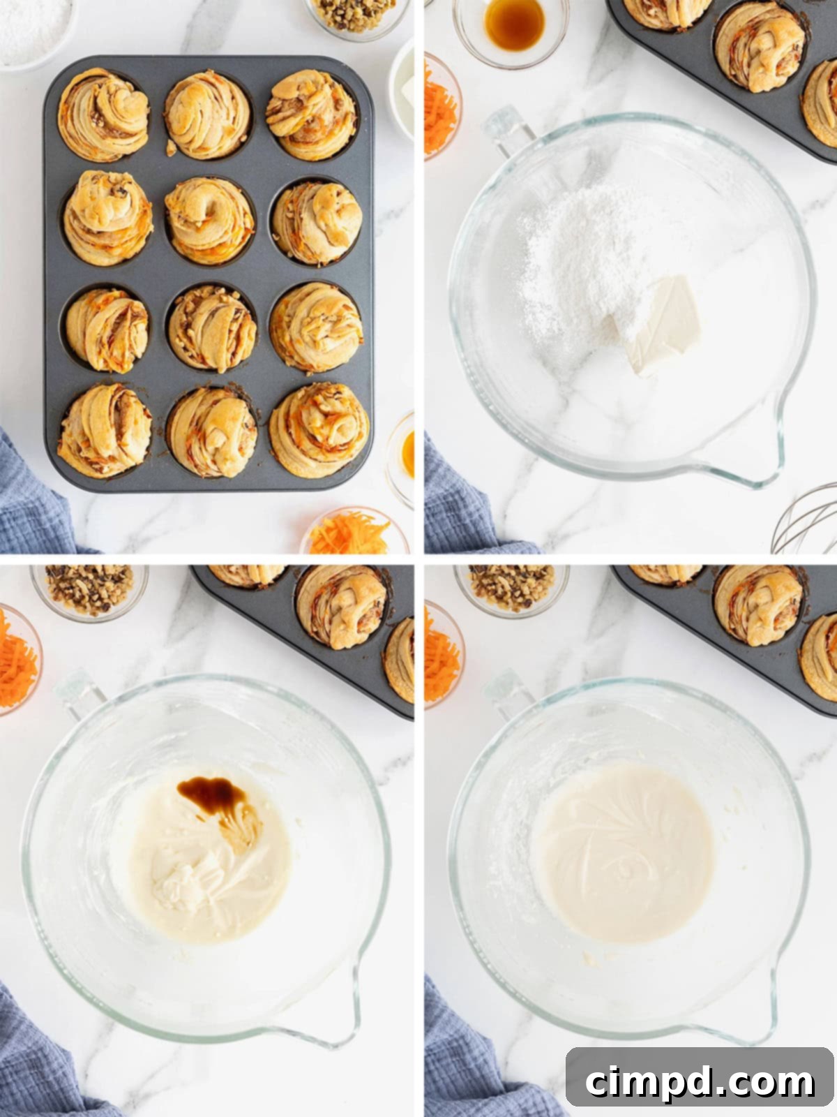 Flaky Spiced Carrot Cruffins 10 A sequence of four images showing the final steps of preparing carrot cake cruffins: baking them until golden, allowing them to cool on a rack, preparing the cream cheese frosting in a mixer, and piping the frosting onto the cooled cruffins.