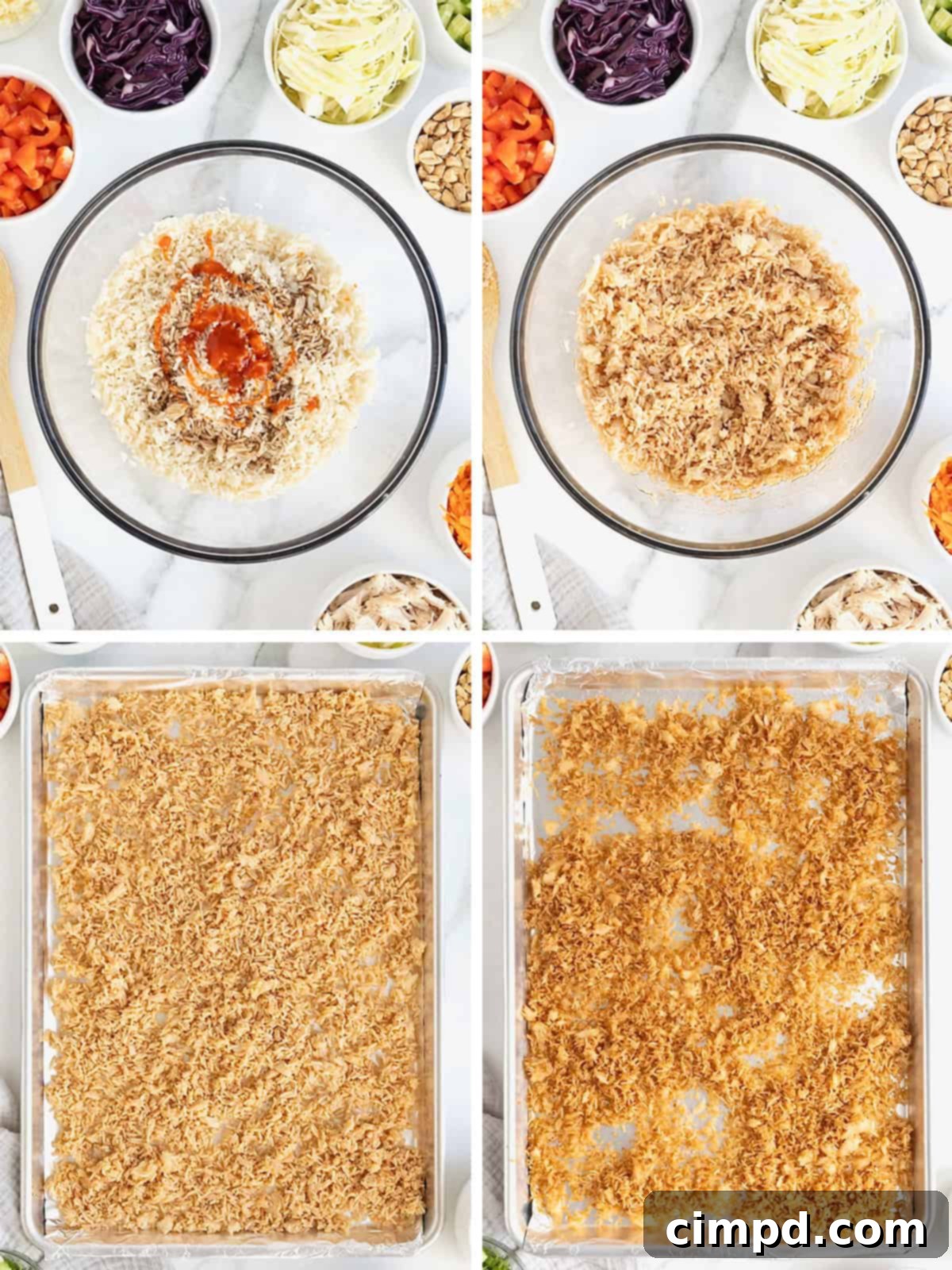 Steps to make crispy rice chicken salad.