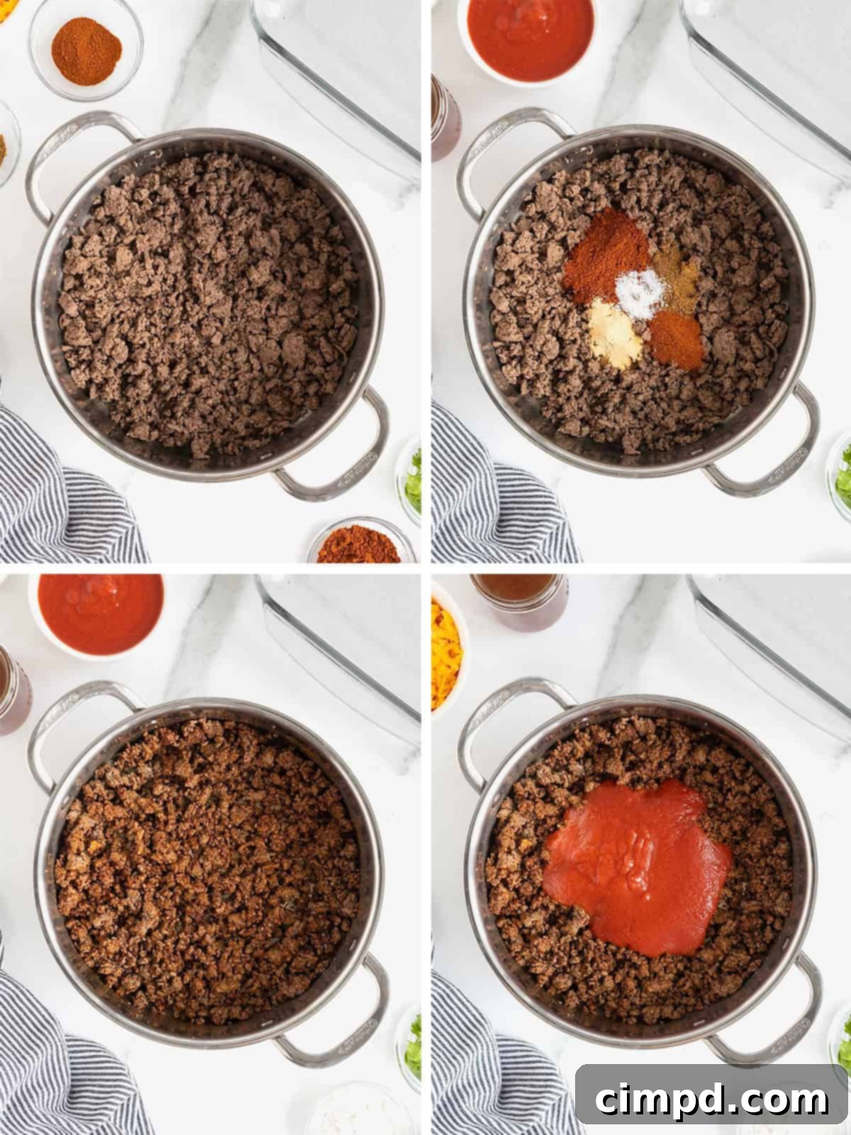 A step-by-step collage showing the process of browning ground beef and adding spices for Chili Con Carne Enchiladas.